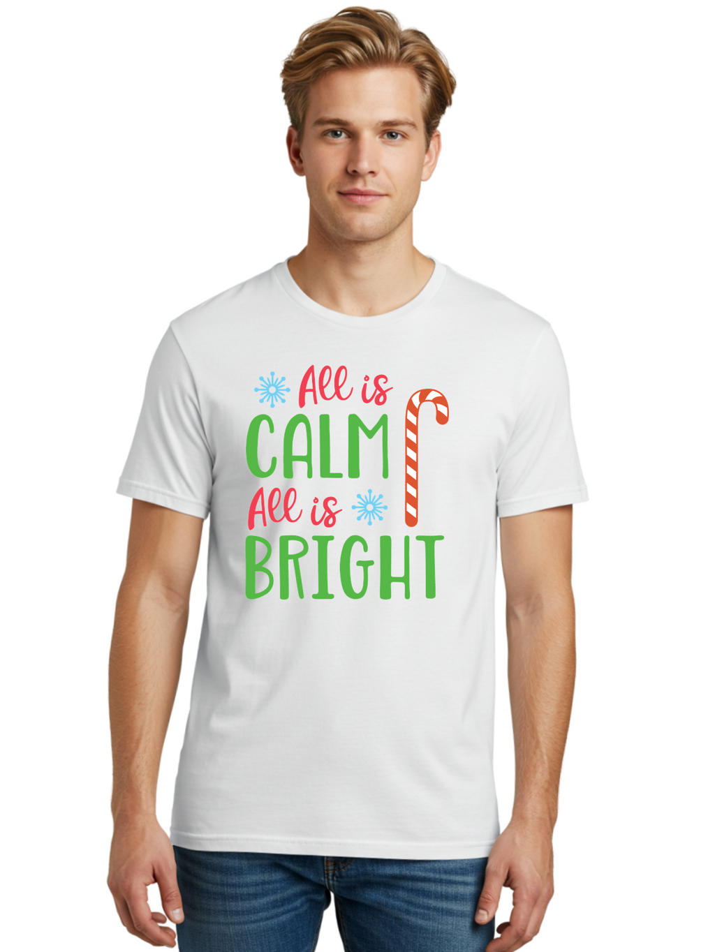 All-Is-Calm-All-Is-Bright Men'S Graphic Tee, 100% Cotton, Comfortable Casual Summer Wear, Machine Washable, Holiday Graphics, Christmas Decor, Candy Cane Art, Festive Typography, Winter Wonderland, Holiday Cheer, Christmas Magic, Sweet Treats, Aac458