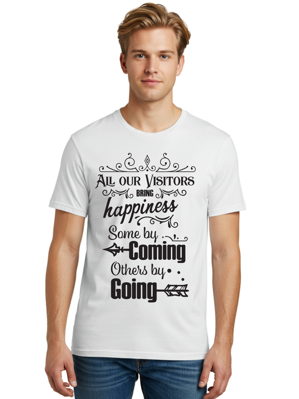 All-Our-Visitors Men'S Graphic Tee, 100% Cotton, Comfortable Casual Summer Wear, Machine Washable, Inspirational Quote, Happiness, Visitors, Coming And Going, Positivity, Motivational Message, Funny Saying, Witty Humor, Guest Book Quote Aac459