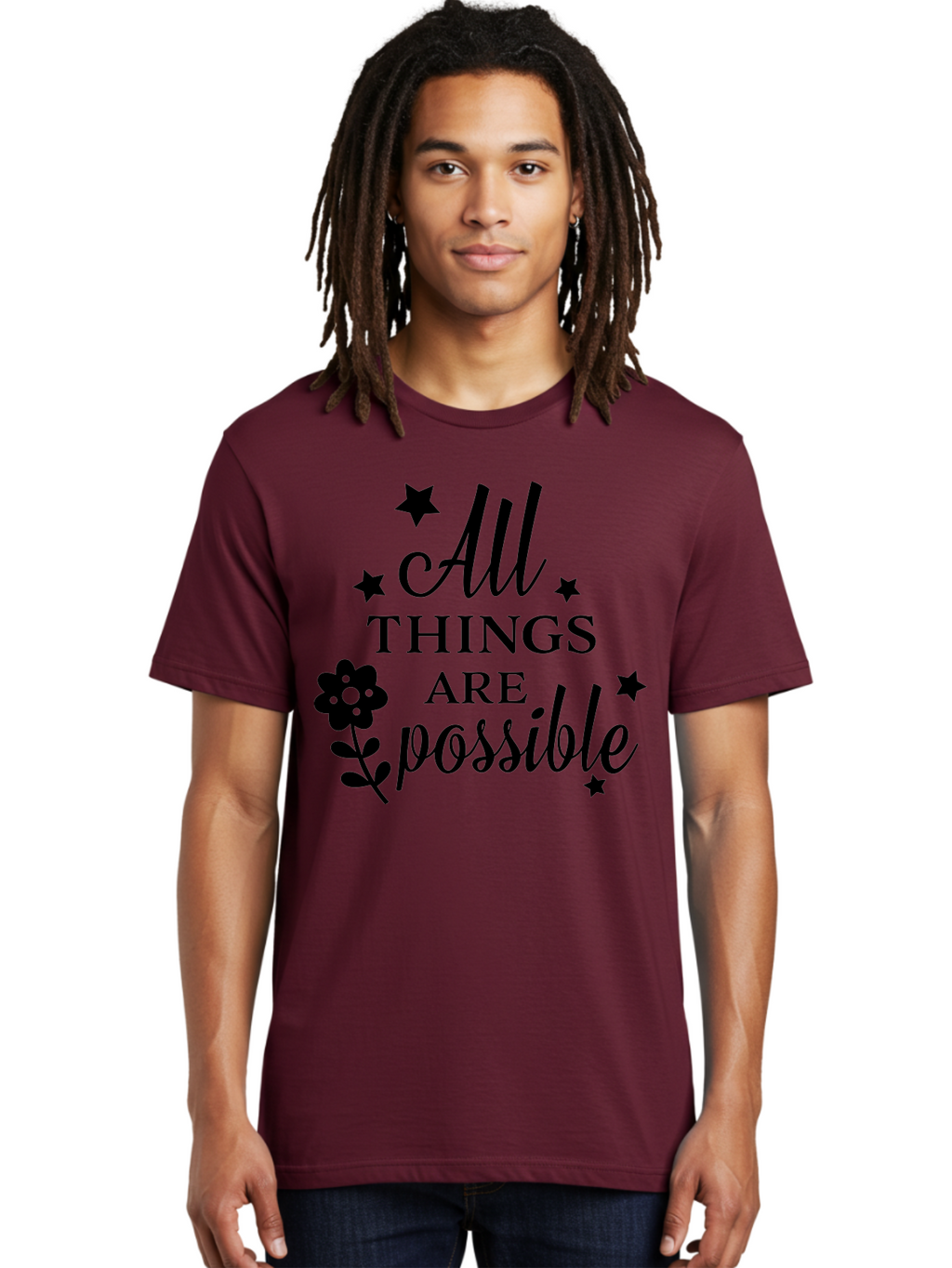All-Things-Are-Possible Men'S Graphic Tee, 100% Cotton, Comfortable Casual Summer Wear, Machine Washable, Inspirational Quote, Motivational Message, Positive Affirmation, Black Text, Floral Design, Starry Accents, Motivational Wall Art, Aac460