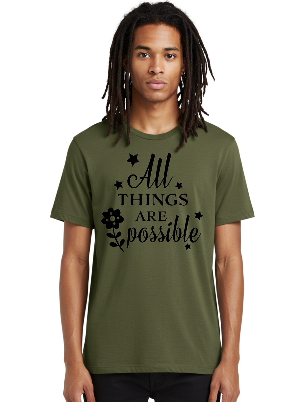 All-Things-Are-Possible Men'S Graphic Tee, 100% Cotton, Comfortable Casual Summer Wear, Machine Washable, Inspirational Quote, Motivational Message, Positive Affirmation, Black Text, Floral Design, Starry Accents, Motivational Wall Art, Aac460