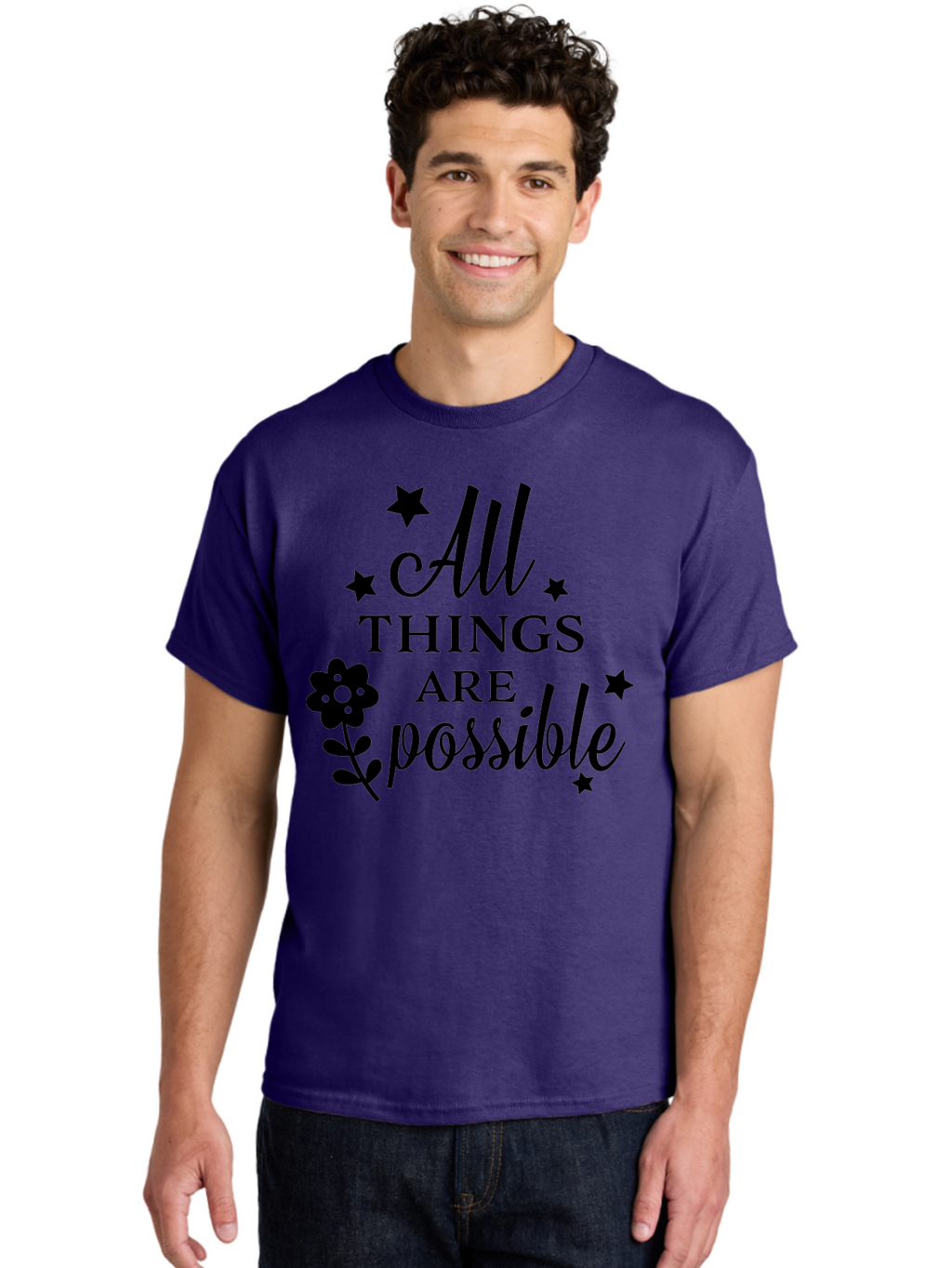 All-Things-Are-Possible Men'S Graphic Tee, 100% Cotton, Comfortable Casual Summer Wear, Machine Washable, Inspirational Quote, Motivational Message, Positive Affirmation, Black Text, Floral Design, Starry Accents, Motivational Wall Art, Aac460