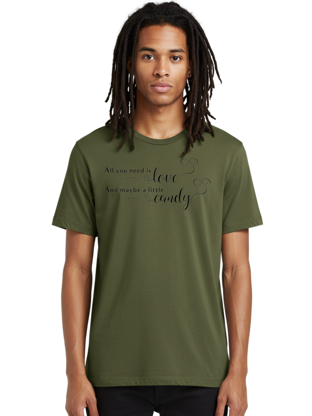 All-You-Need-Is-Love-And-Maybe-Little-Candy Men'S Graphic Tee, 100% Cotton, Comfortable Casual Summer Wear, Machine Washable, Love Is All You Need, Sweet Treat, Candy Lover, Whimsical Design, Elegant Script, Swirly Font, Romantic Quote, Aac464