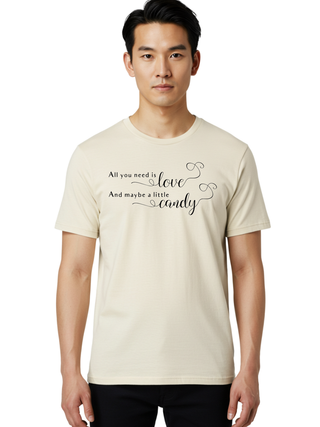 All-You-Need-Is-Love-And-Maybe-Little-Candy Men'S Graphic Tee, 100% Cotton, Comfortable Casual Summer Wear, Machine Washable, Love Is All You Need, Sweet Treat, Candy Lover, Whimsical Design, Elegant Script, Swirly Font, Romantic Quote, Aac464