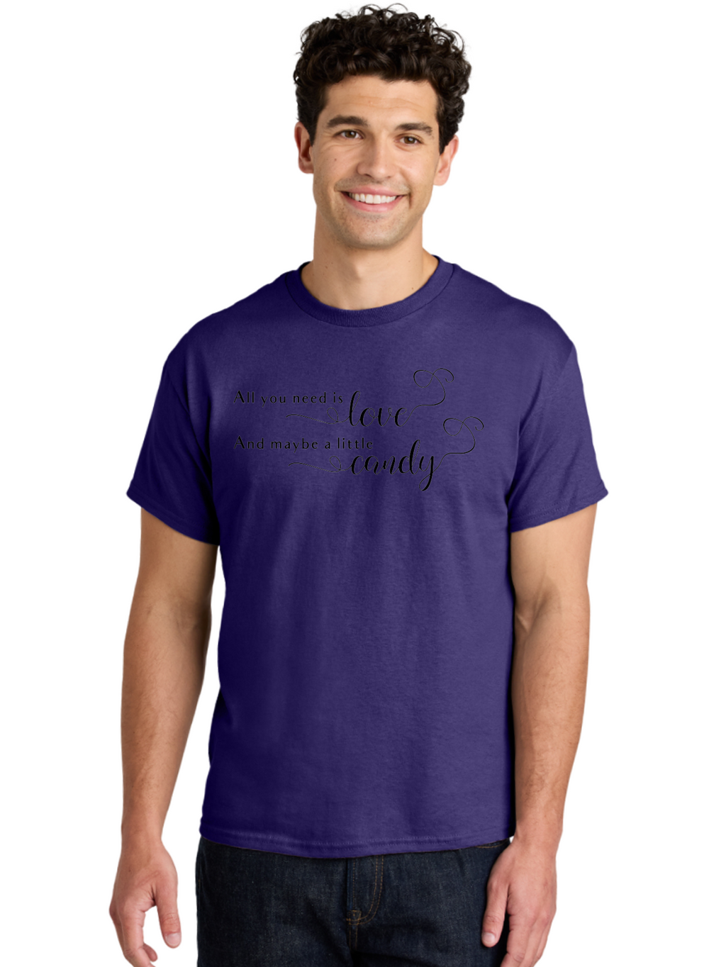 All-You-Need-Is-Love-And-Maybe-Little-Candy Men'S Graphic Tee, 100% Cotton, Comfortable Casual Summer Wear, Machine Washable, Love Is All You Need, Sweet Treat, Candy Lover, Whimsical Design, Elegant Script, Swirly Font, Romantic Quote, Aac464