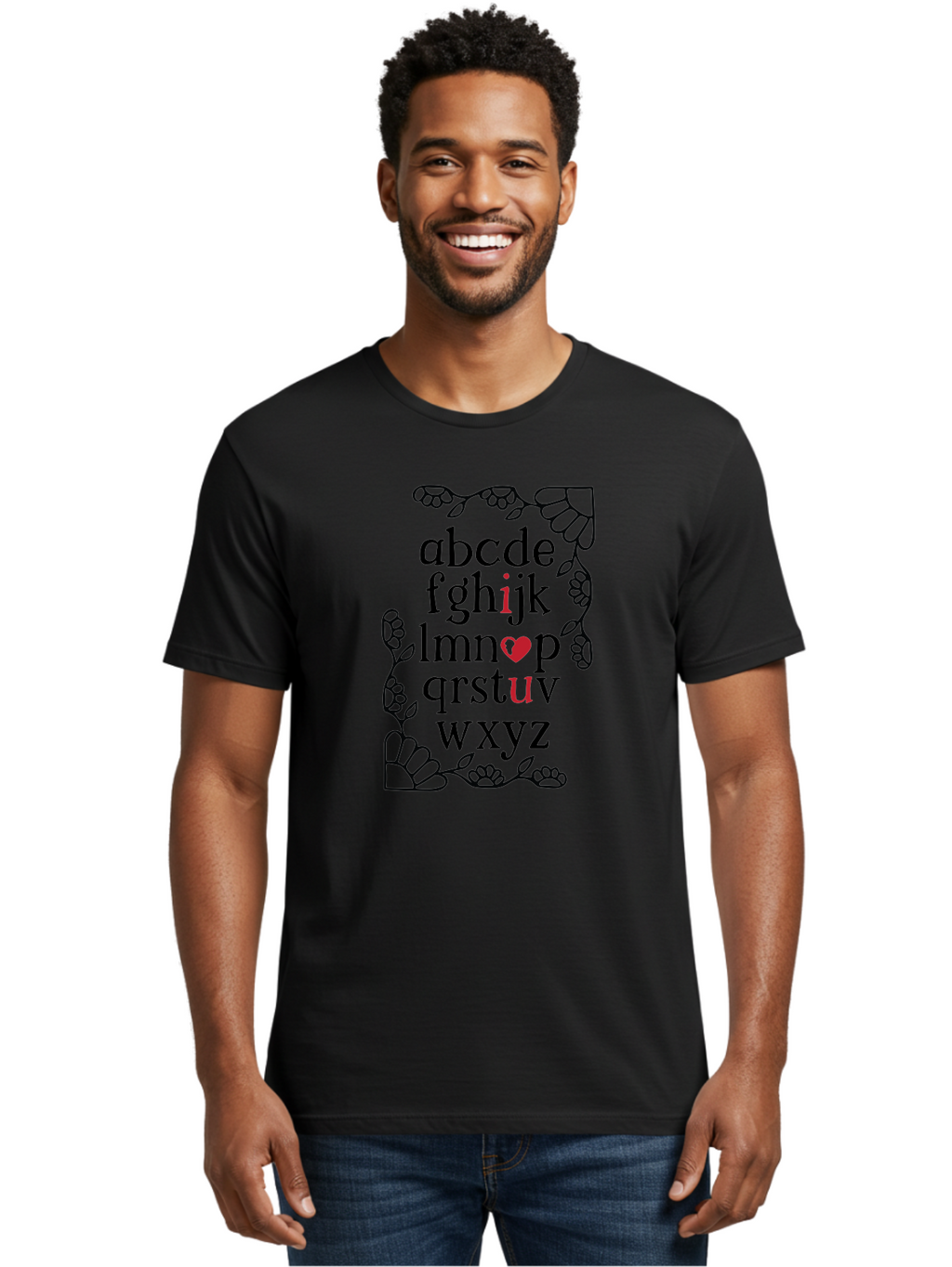 Alphabet-Abcdefghijklmnopqrstuvwxyz Men'S Graphic Tee, 100% Cotton, Comfortable Casual Summer Wear, Machine Washable, Typography Illustration, Alphabet Letters, Floral Vines, Paw Prints, Heart Symbol, Red Accents, Black Font, Creative Design, Aac465