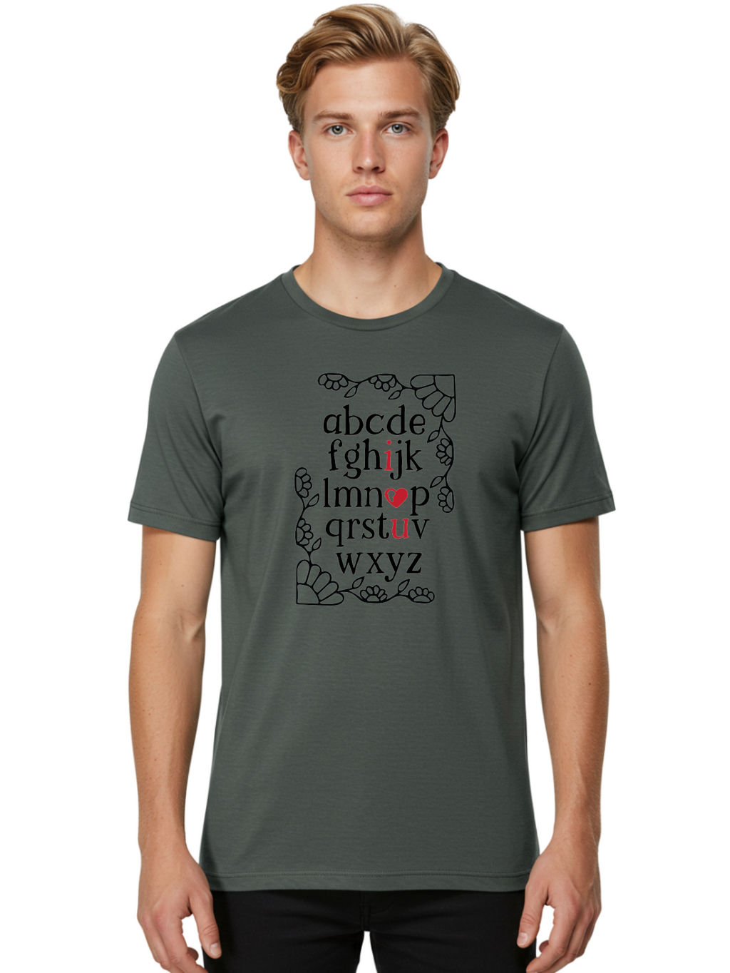 Alphabet-Abcdefghijklmnopqrstuvwxyz Men'S Graphic Tee, 100% Cotton, Comfortable Casual Summer Wear, Machine Washable, Typography Illustration, Alphabet Letters, Floral Vines, Paw Prints, Heart Symbol, Red Accents, Black Font, Creative Design, Aac465