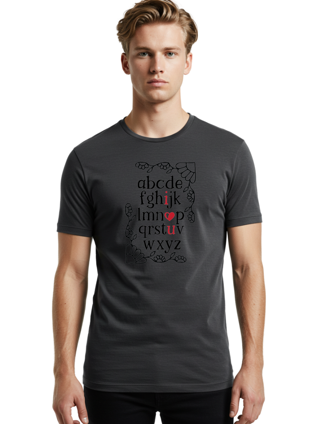 Alphabet-Abcdefghijklmnopqrstuvwxyz Men'S Graphic Tee, 100% Cotton, Comfortable Casual Summer Wear, Machine Washable, Typography Illustration, Alphabet Letters, Floral Vines, Paw Prints, Heart Symbol, Red Accents, Black Font, Creative Design, Aac465