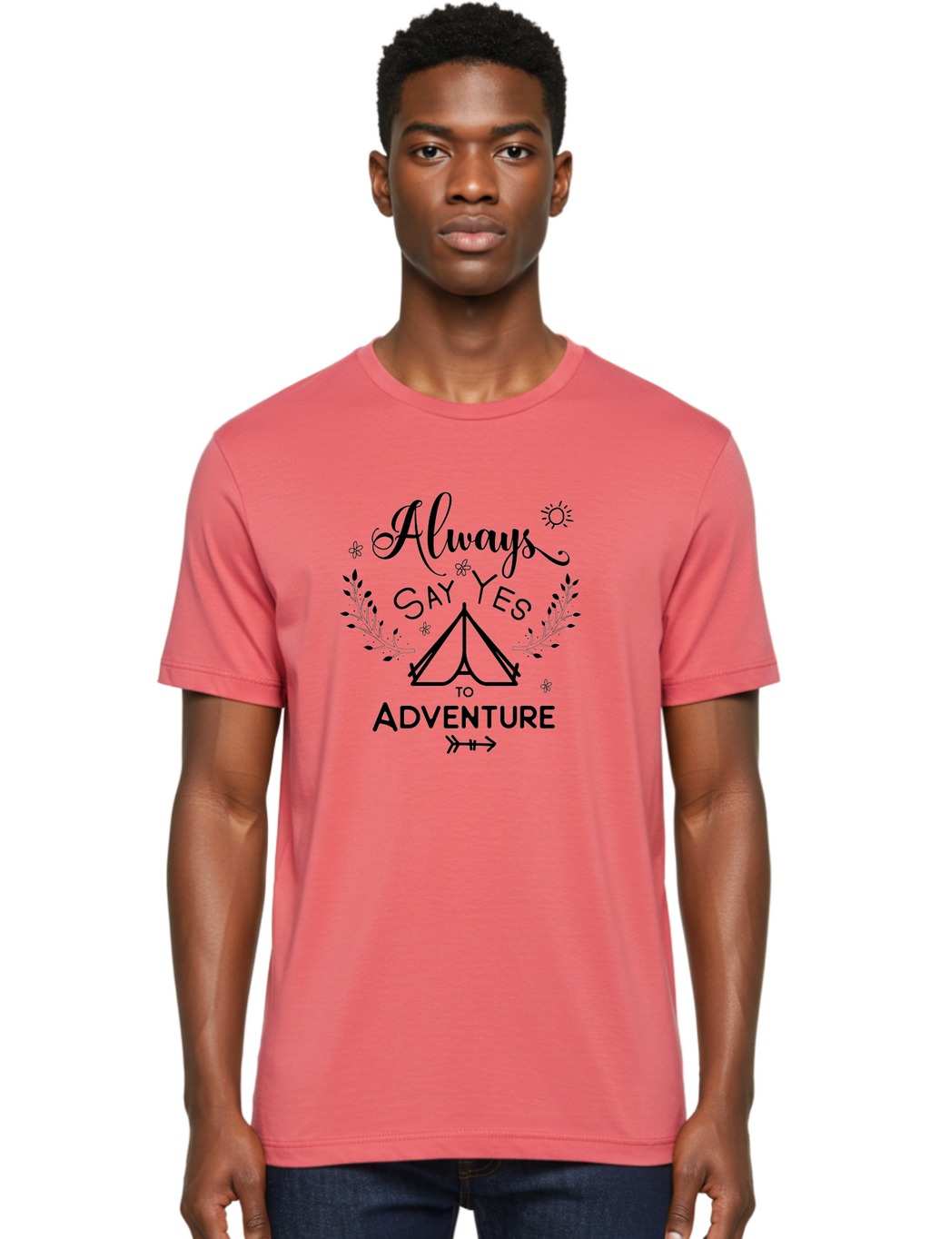 Always-Say-Yes-To-Adventure Men'S Graphic Tee, 100% Cotton, Comfortable Casual Summer Wear, Machine Washable, Camping Adventure, Outdoor Escapade, Nature Exploration, Adventure Seeking, Positive Vibes, Wanderlust Spirit, Inspirational Quote, Aac467