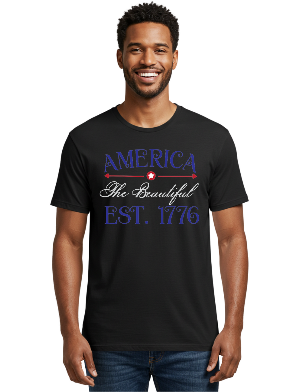 America-The-Beautiful-Est-1776 Men'S Graphic Tee, 100% Cotton, Comfortable Casual Summer Wear, Machine Washable, America The Beautiful, Patriotic Design, Vintage Typography, Star Symbol, Red White And Blue, 4Th Of July, Independence Day, Aac469
