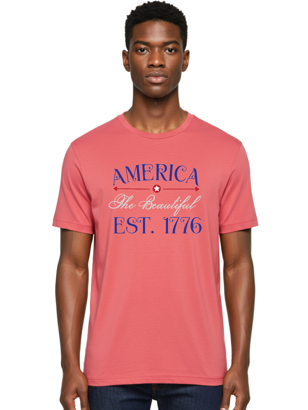 America-The-Beautiful-Est-1776 Men'S Graphic Tee, 100% Cotton, Comfortable Casual Summer Wear, Machine Washable, America The Beautiful, Patriotic Design, Vintage Typography, Star Symbol, Red White And Blue, 4Th Of July, Independence Day, Aac469