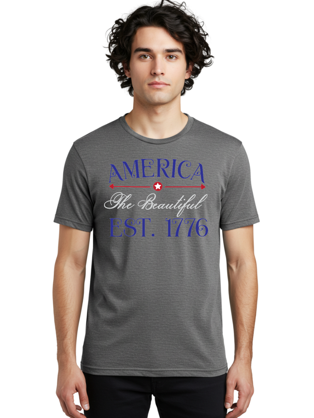 America-The-Beautiful-Est-1776 Men'S Graphic Tee, 100% Cotton, Comfortable Casual Summer Wear, Machine Washable, America The Beautiful, Patriotic Design, Vintage Typography, Star Symbol, Red White And Blue, 4Th Of July, Independence Day, Aac469