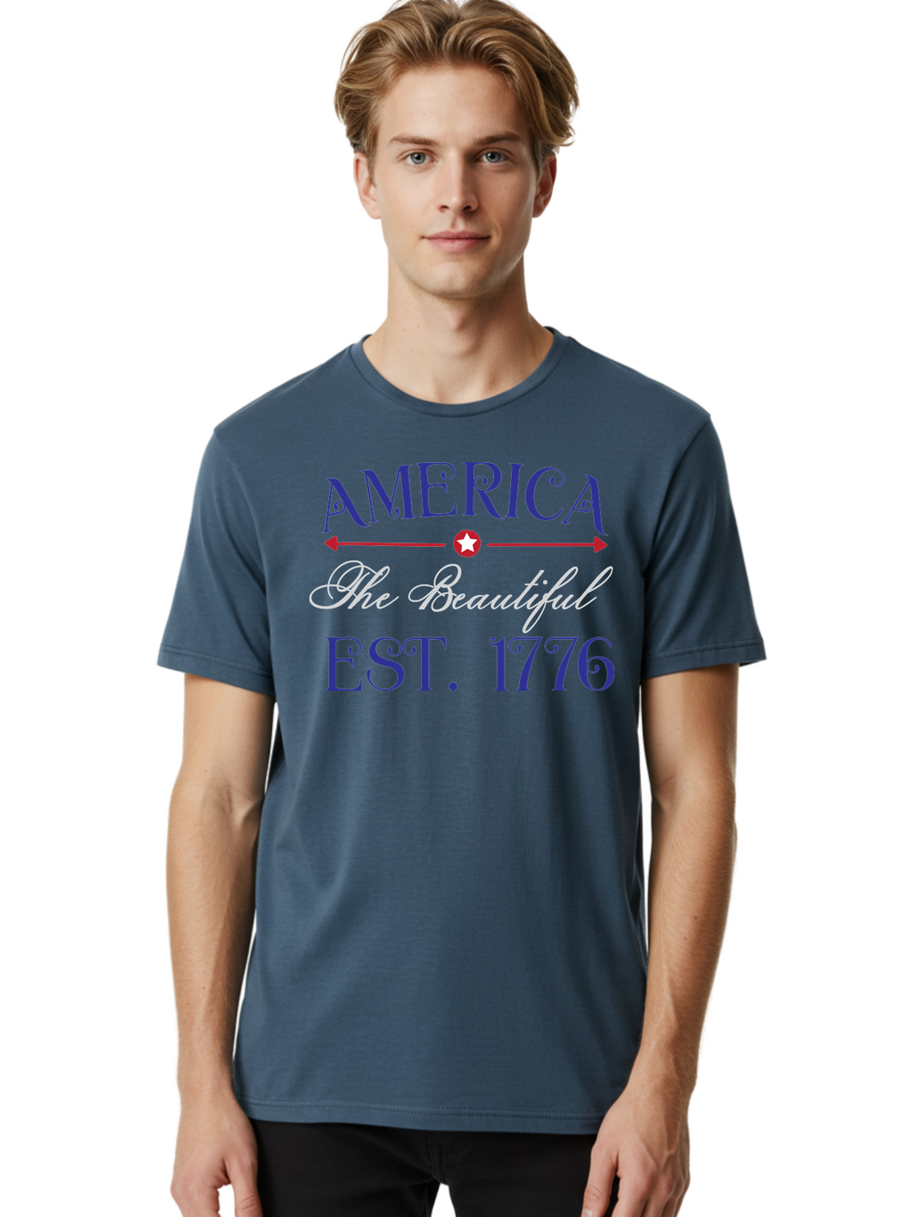 America-The-Beautiful-Est-1776 Men'S Graphic Tee, 100% Cotton, Comfortable Casual Summer Wear, Machine Washable, America The Beautiful, Patriotic Design, Vintage Typography, Star Symbol, Red White And Blue, 4Th Of July, Independence Day, Aac469