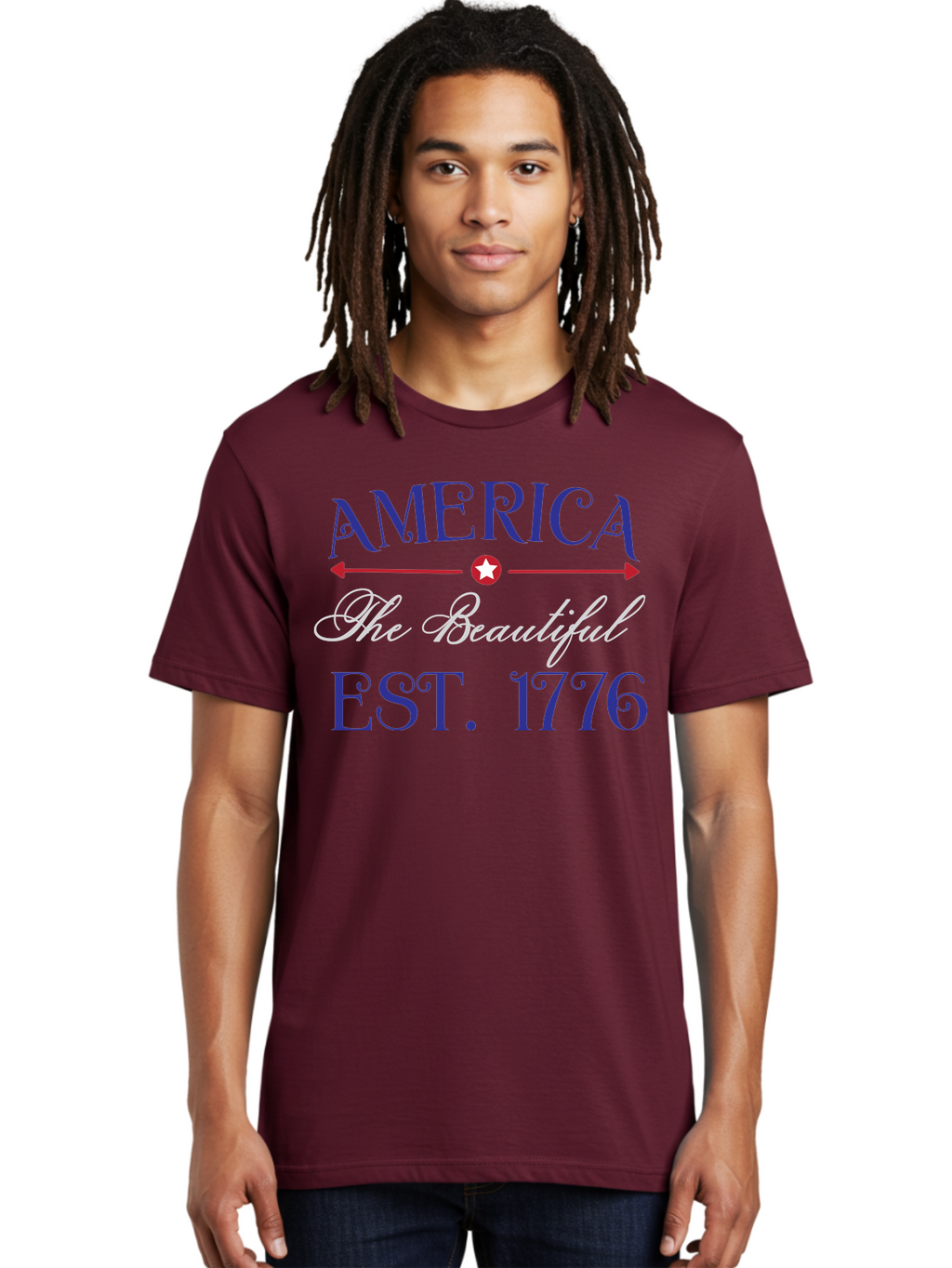 America-The-Beautiful-Est-1776 Men'S Graphic Tee, 100% Cotton, Comfortable Casual Summer Wear, Machine Washable, America The Beautiful, Patriotic Design, Vintage Typography, Star Symbol, Red White And Blue, 4Th Of July, Independence Day, Aac469