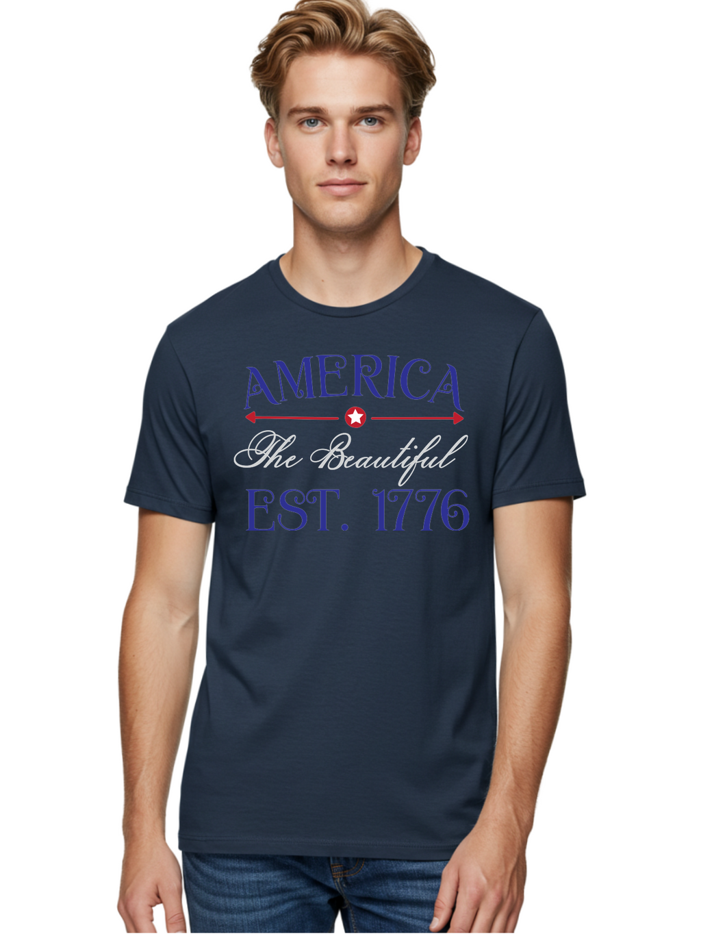 America-The-Beautiful-Est-1776 Men'S Graphic Tee, 100% Cotton, Comfortable Casual Summer Wear, Machine Washable, America The Beautiful, Patriotic Design, Vintage Typography, Star Symbol, Red White And Blue, 4Th Of July, Independence Day, Aac469