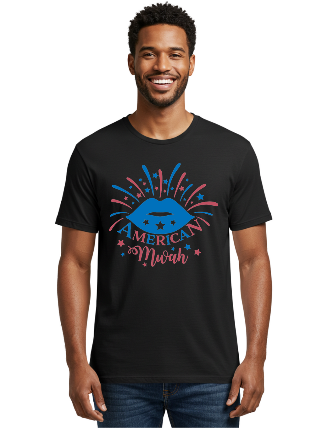 American-Mwah Men'S Graphic Tee, 100% Cotton, Comfortable Casual Summer Wear, Machine Washable, Blue Lips, Starry Design, Vibrant Colors, Playful Graphics, American Mwah, Kiss Mark, Festive Atmosphere, Celebratory Theme, Pop Art Style, Aac470