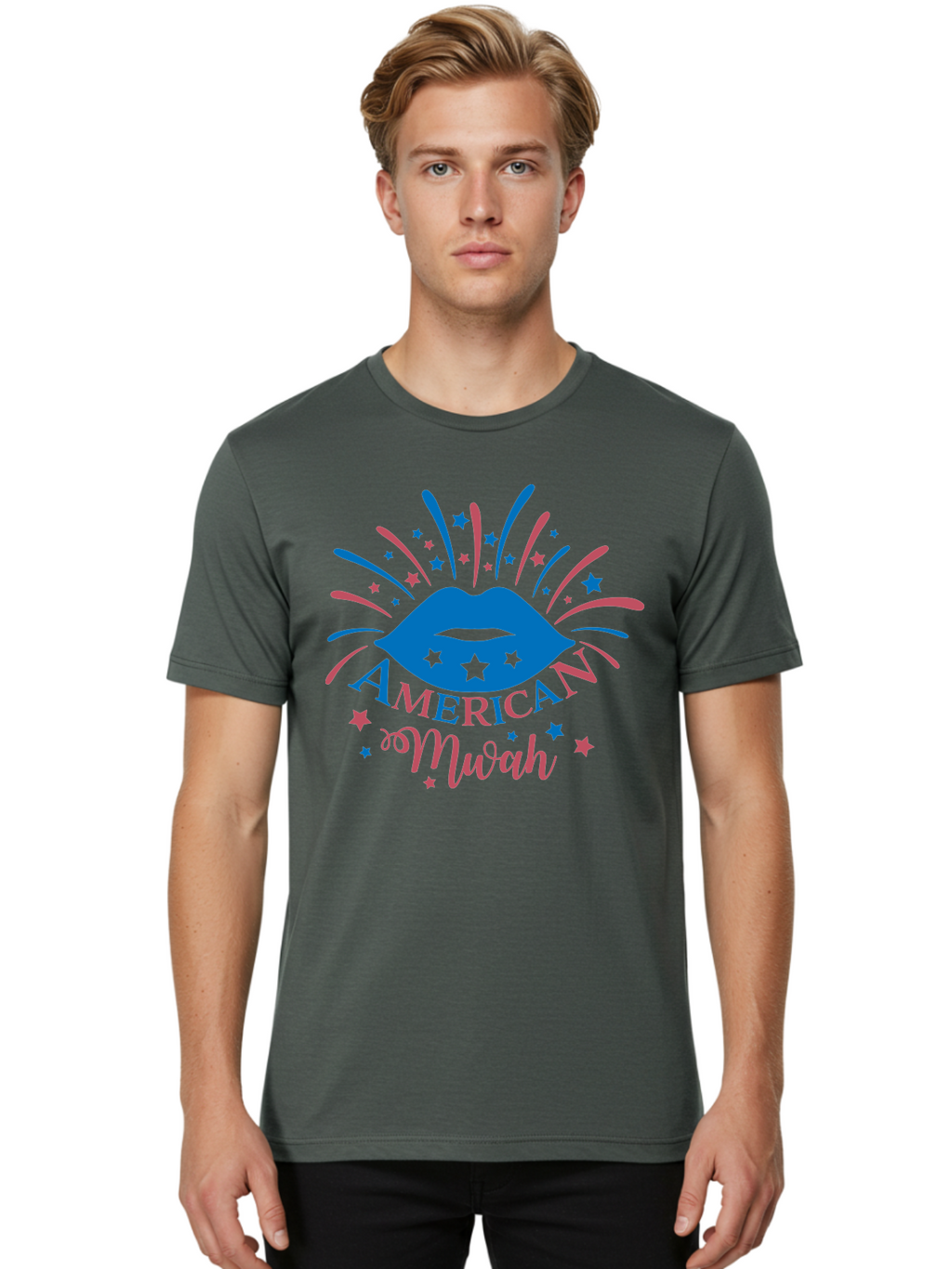 American-Mwah Men'S Graphic Tee, 100% Cotton, Comfortable Casual Summer Wear, Machine Washable, Blue Lips, Starry Design, Vibrant Colors, Playful Graphics, American Mwah, Kiss Mark, Festive Atmosphere, Celebratory Theme, Pop Art Style, Aac470