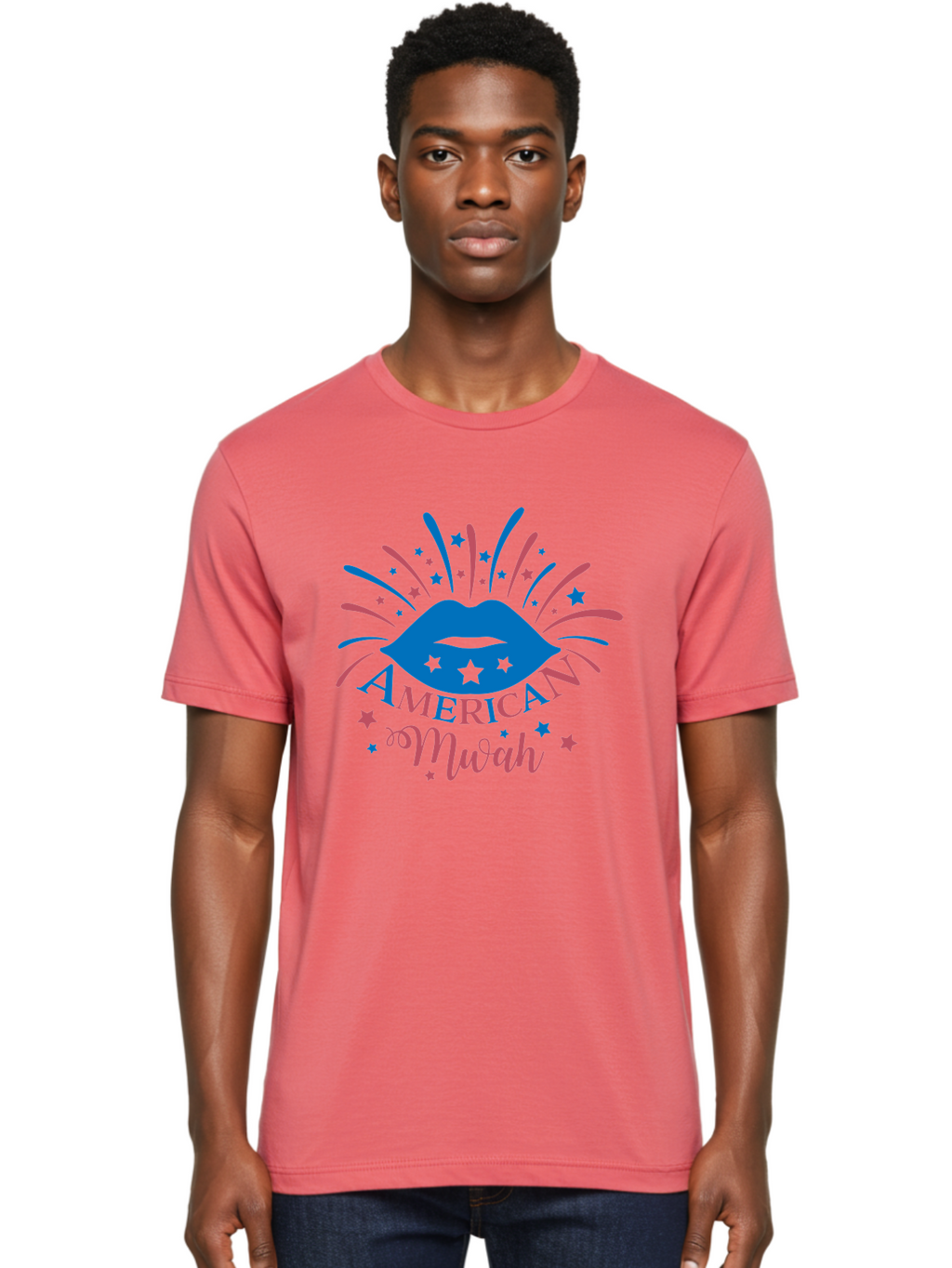American-Mwah Men'S Graphic Tee, 100% Cotton, Comfortable Casual Summer Wear, Machine Washable, Blue Lips, Starry Design, Vibrant Colors, Playful Graphics, American Mwah, Kiss Mark, Festive Atmosphere, Celebratory Theme, Pop Art Style, Aac470
