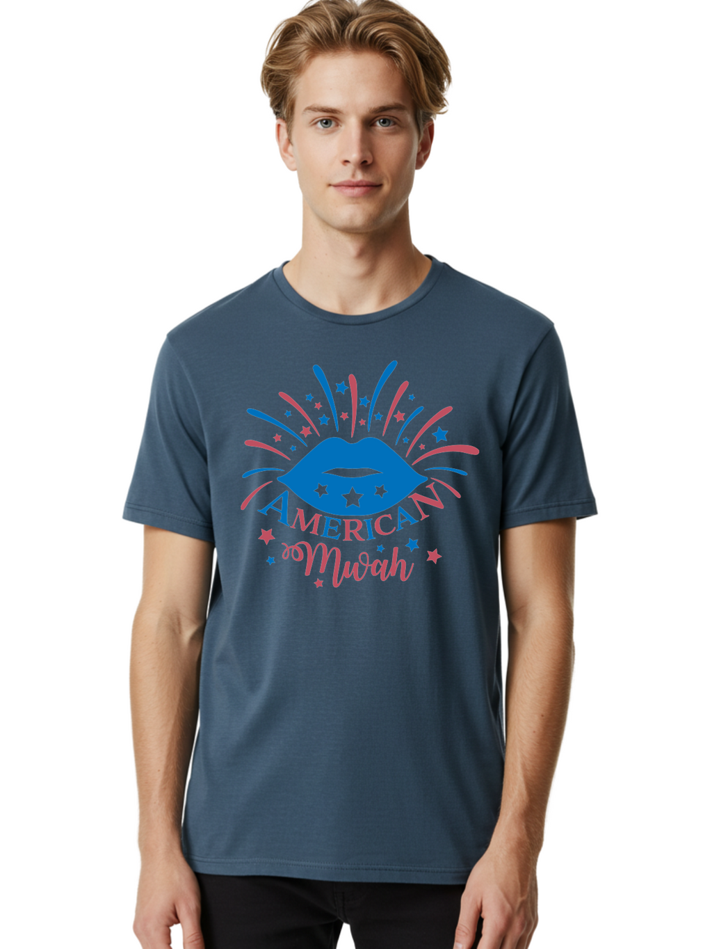 American-Mwah Men'S Graphic Tee, 100% Cotton, Comfortable Casual Summer Wear, Machine Washable, Blue Lips, Starry Design, Vibrant Colors, Playful Graphics, American Mwah, Kiss Mark, Festive Atmosphere, Celebratory Theme, Pop Art Style, Aac470