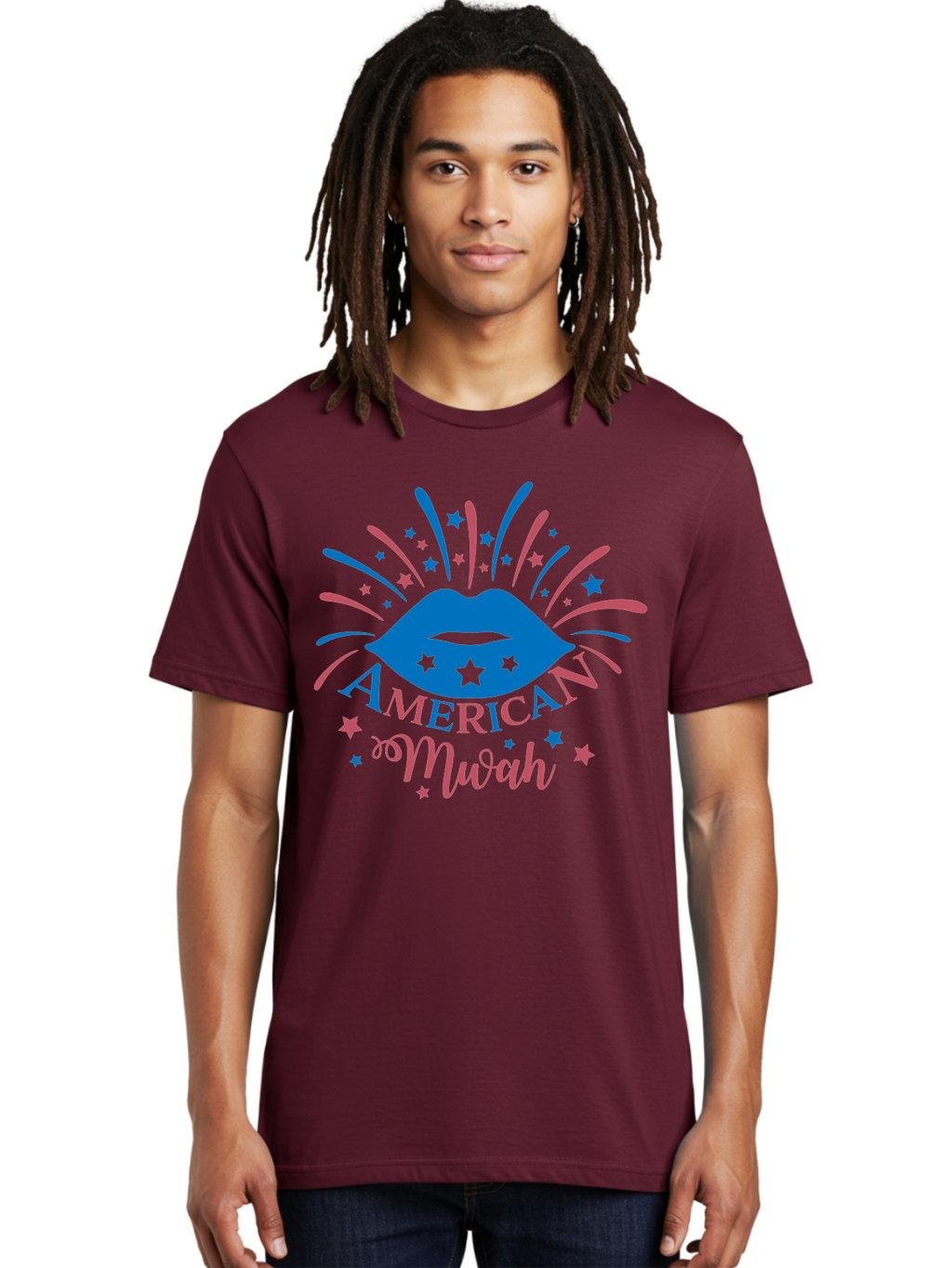 American-Mwah Men'S Graphic Tee, 100% Cotton, Comfortable Casual Summer Wear, Machine Washable, Blue Lips, Starry Design, Vibrant Colors, Playful Graphics, American Mwah, Kiss Mark, Festive Atmosphere, Celebratory Theme, Pop Art Style, Aac470