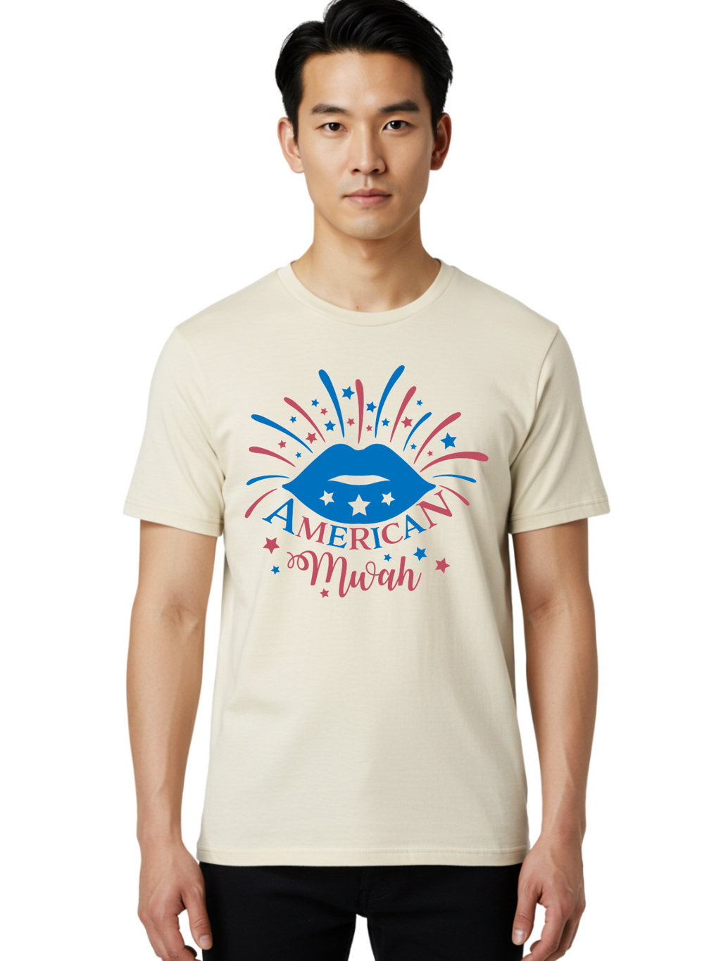 American-Mwah Men'S Graphic Tee, 100% Cotton, Comfortable Casual Summer Wear, Machine Washable, Blue Lips, Starry Design, Vibrant Colors, Playful Graphics, American Mwah, Kiss Mark, Festive Atmosphere, Celebratory Theme, Pop Art Style, Aac470