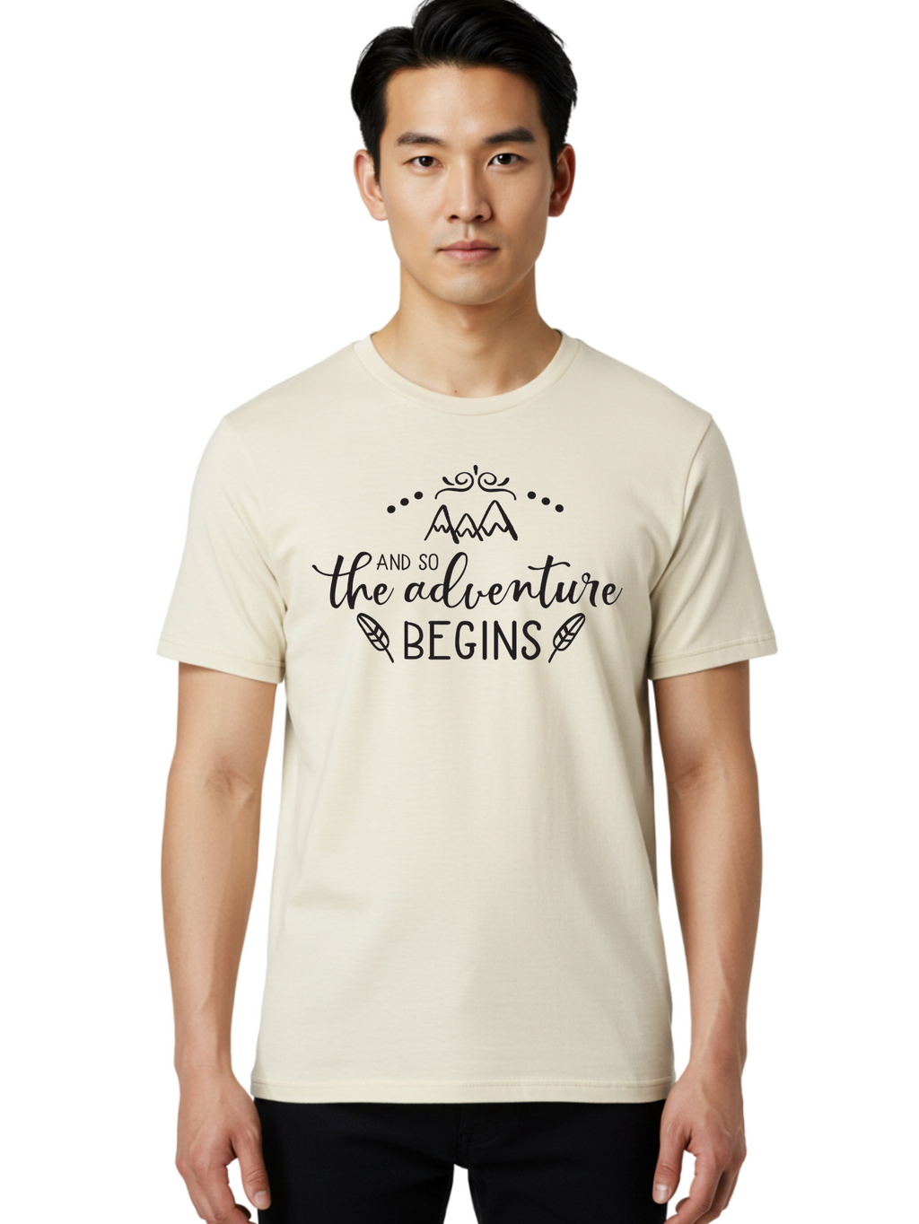 And-So-The-Adventure-Begins Men'S Graphic Tee, 100% Cotton, Comfortable Casual Summer Wear, Machine Washable, Motivational Quote, Adventure Inspiration, Travel, Adventure Begins, Explore, Wanderlust, Outdoor Enthusiast, Inspirational Saying, Aac471