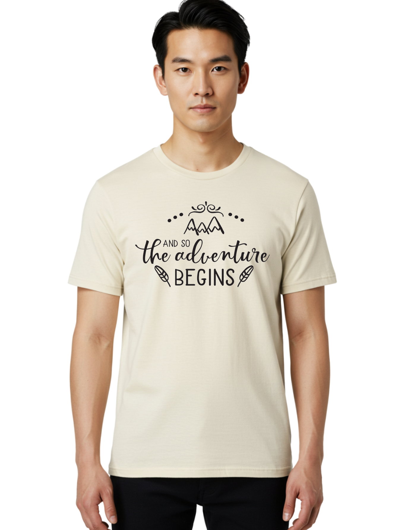 And-So-The-Adventure-Begins Men'S Graphic Tee, 100% Cotton, Comfortable Casual Summer Wear, Machine Washable, Motivational Quote, Adventure Inspiration, Travel, Adventure Begins, Explore, Wanderlust, Outdoor Enthusiast, Inspirational Saying, Aac471