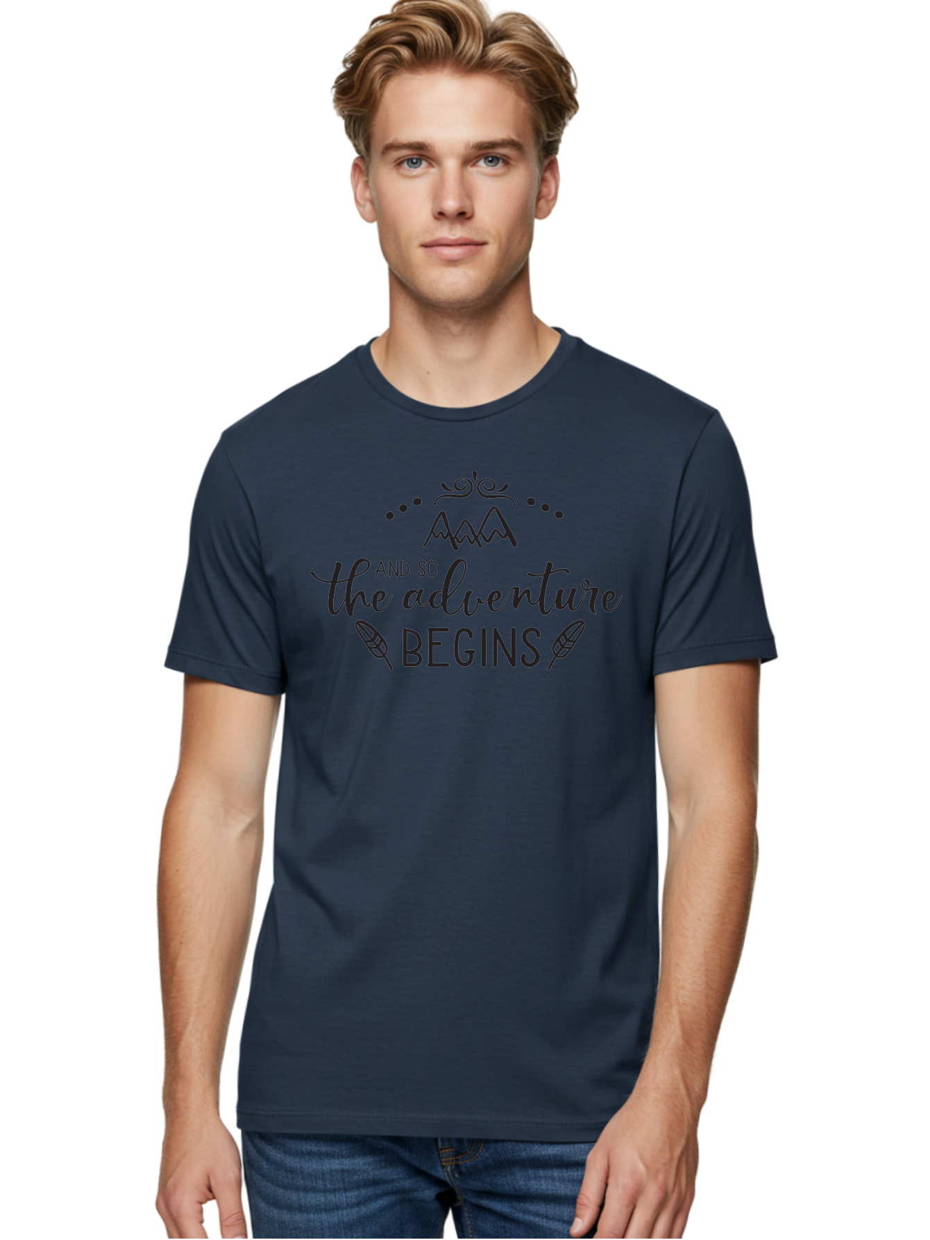 And-So-The-Adventure-Begins Men'S Graphic Tee, 100% Cotton, Comfortable Casual Summer Wear, Machine Washable, Motivational Quote, Adventure Inspiration, Travel, Adventure Begins, Explore, Wanderlust, Outdoor Enthusiast, Inspirational Saying, Aac471