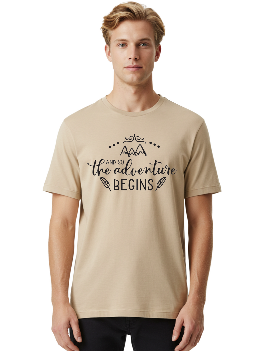 And-So-The-Adventure-Begins Men'S Graphic Tee, 100% Cotton, Comfortable Casual Summer Wear, Machine Washable, Motivational Quote, Adventure Inspiration, Travel, Adventure Begins, Explore, Wanderlust, Outdoor Enthusiast, Inspirational Saying, Aac471