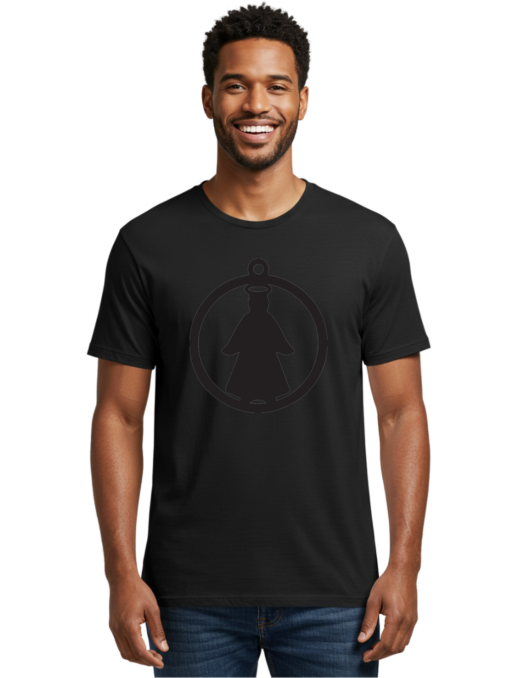 Angel-Pendant Men'S Graphic Tee, 100% Cotton, Comfortable Casual Summer Wear, Machine Washable, Angel Silhouette, Religious Symbol, Divine Presence, Spiritual Icon, Halo, Holy Figure, Religious Art, Sacred Imagery, Faith Symbol Aac474