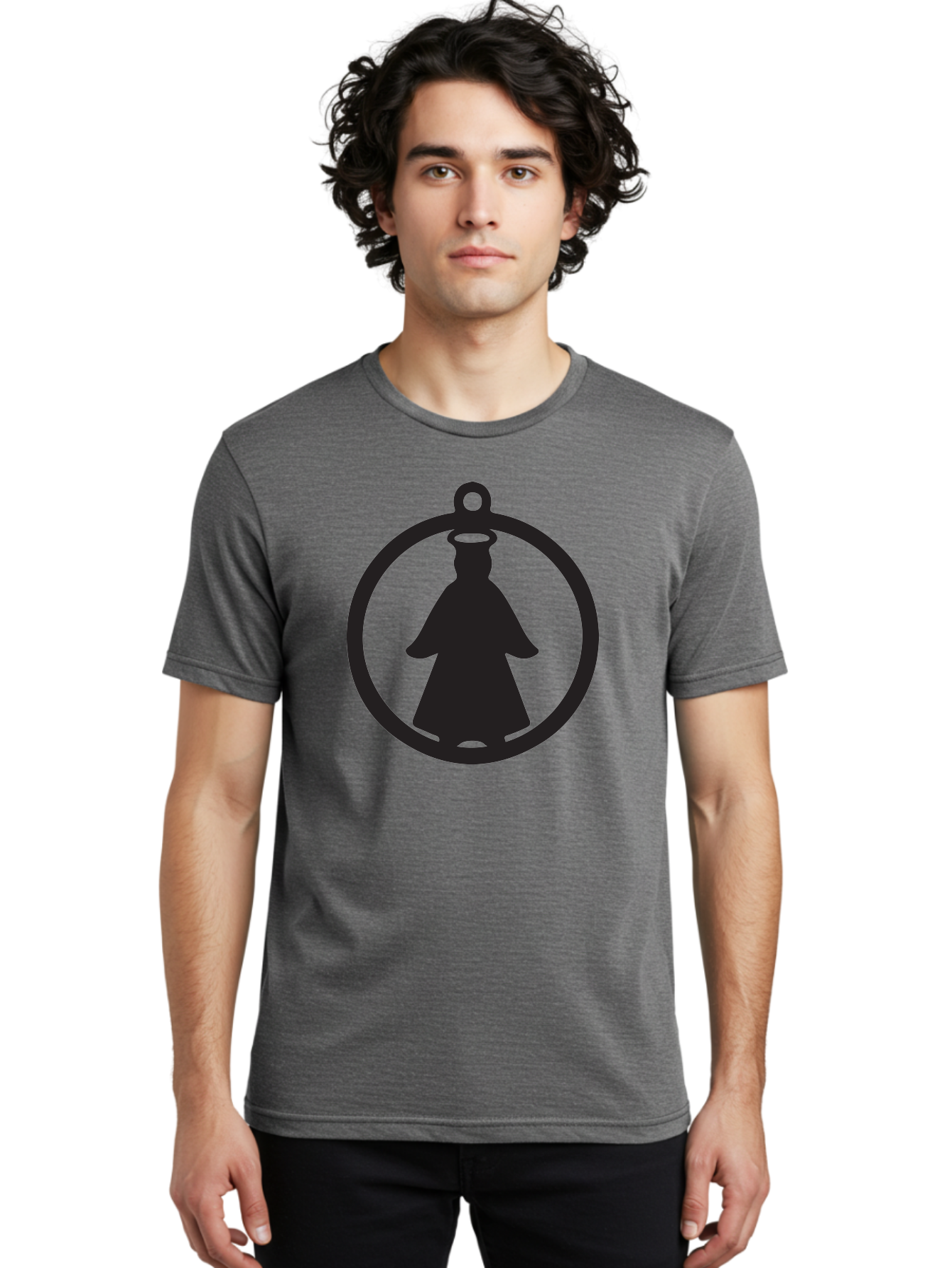 Angel-Pendant Men'S Graphic Tee, 100% Cotton, Comfortable Casual Summer Wear, Machine Washable, Angel Silhouette, Religious Symbol, Divine Presence, Spiritual Icon, Halo, Holy Figure, Religious Art, Sacred Imagery, Faith Symbol Aac474