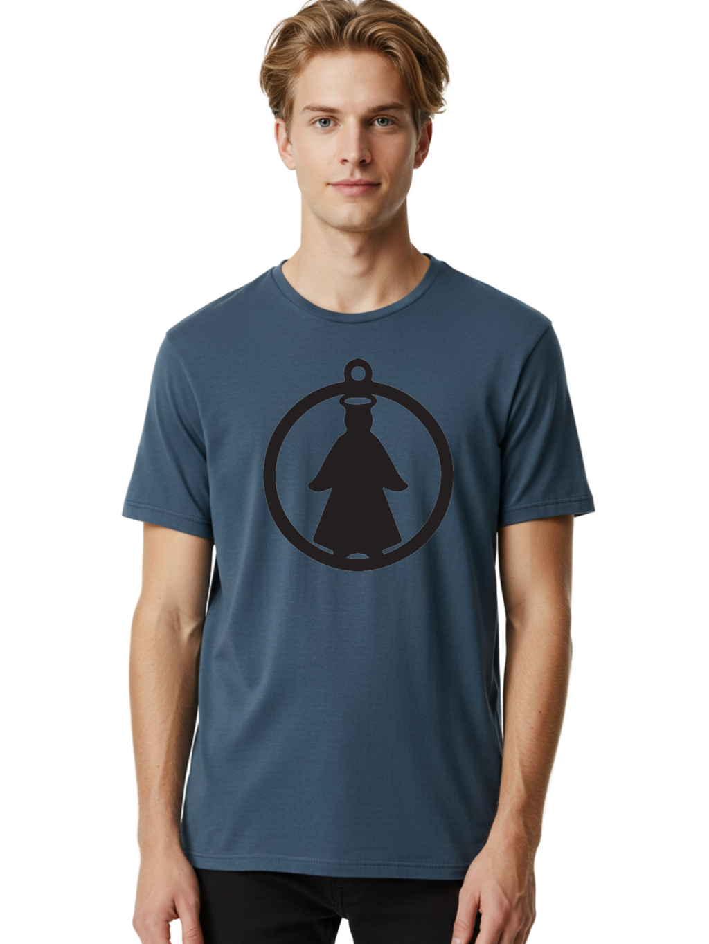 Angel-Pendant Men'S Graphic Tee, 100% Cotton, Comfortable Casual Summer Wear, Machine Washable, Angel Silhouette, Religious Symbol, Divine Presence, Spiritual Icon, Halo, Holy Figure, Religious Art, Sacred Imagery, Faith Symbol Aac474