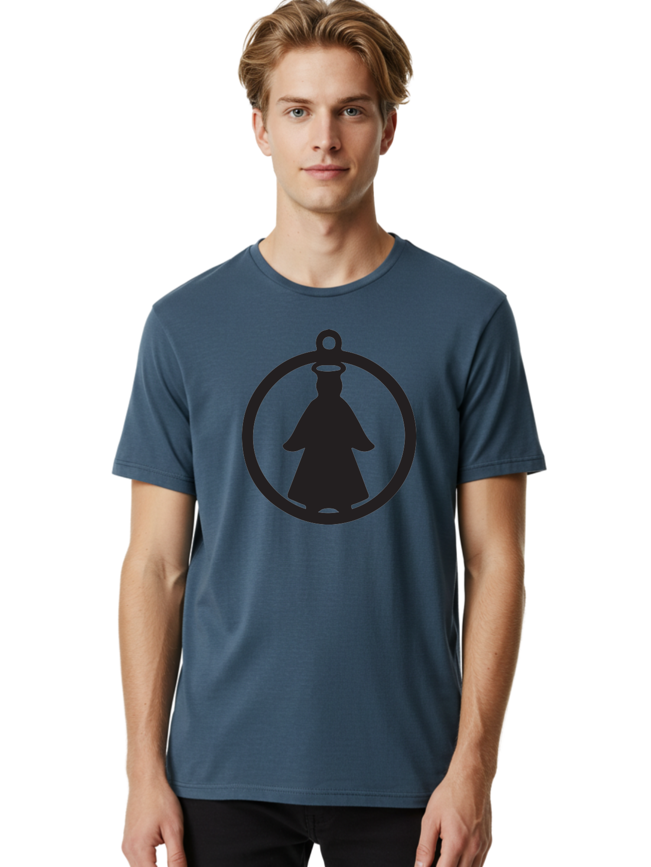 Angel-Pendant Men'S Graphic Tee, 100% Cotton, Comfortable Casual Summer Wear, Machine Washable, Angel Silhouette, Religious Symbol, Divine Presence, Spiritual Icon, Halo, Holy Figure, Religious Art, Sacred Imagery, Faith Symbol Aac474