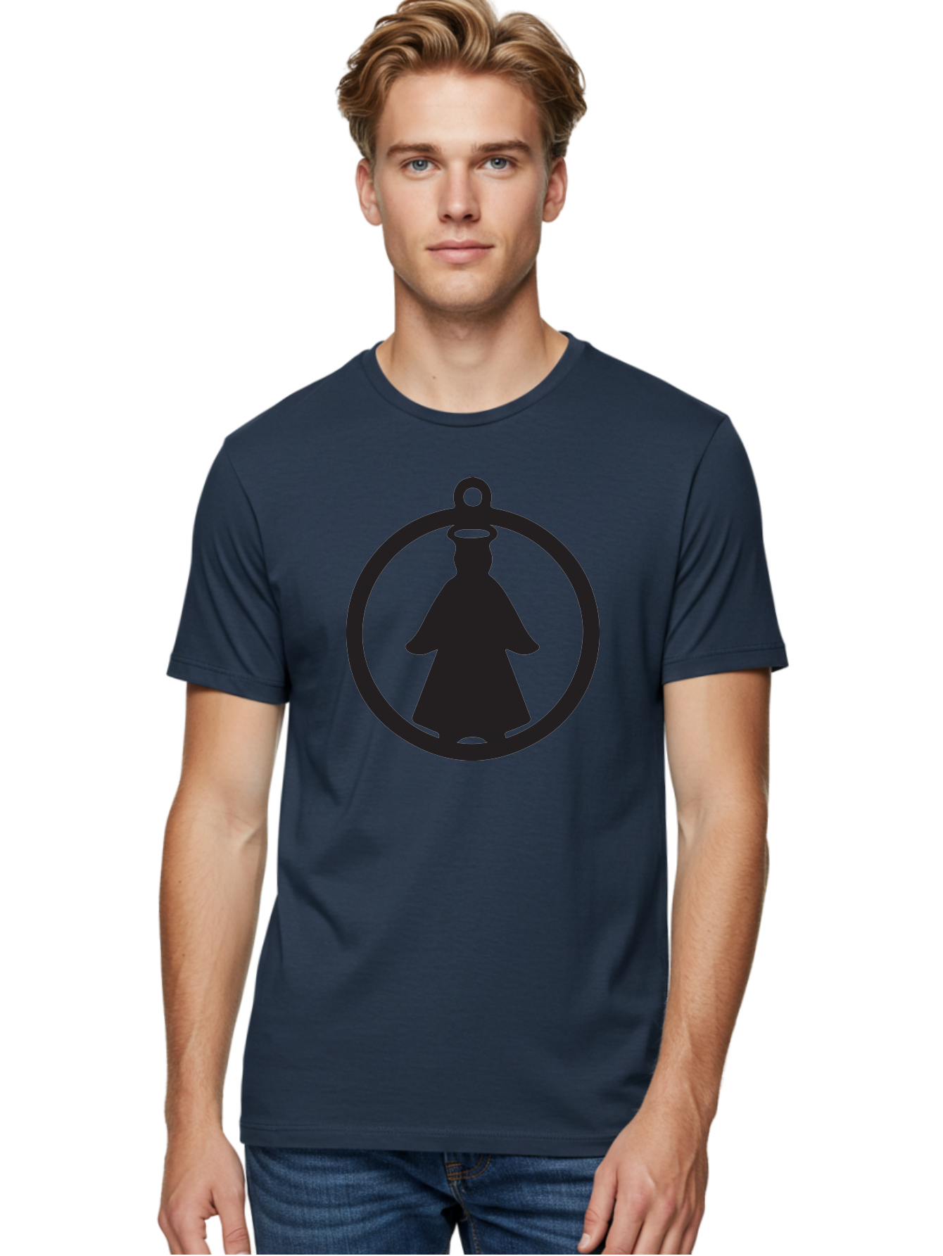 Angel-Pendant Men'S Graphic Tee, 100% Cotton, Comfortable Casual Summer Wear, Machine Washable, Angel Silhouette, Religious Symbol, Divine Presence, Spiritual Icon, Halo, Holy Figure, Religious Art, Sacred Imagery, Faith Symbol Aac474