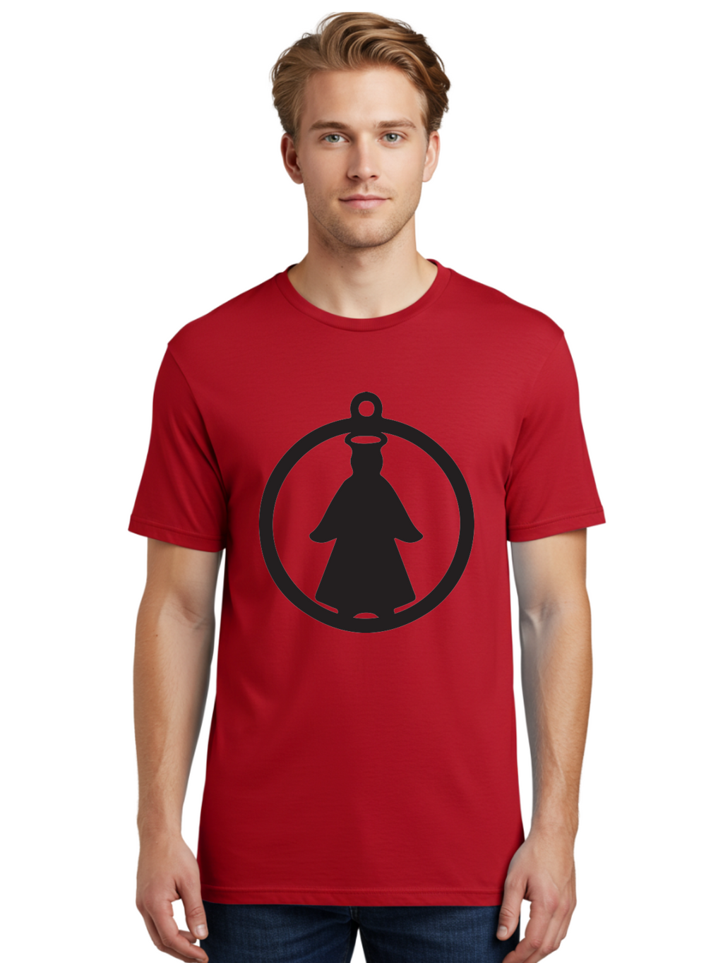 Angel-Pendant Men'S Graphic Tee, 100% Cotton, Comfortable Casual Summer Wear, Machine Washable, Angel Silhouette, Religious Symbol, Divine Presence, Spiritual Icon, Halo, Holy Figure, Religious Art, Sacred Imagery, Faith Symbol Aac474