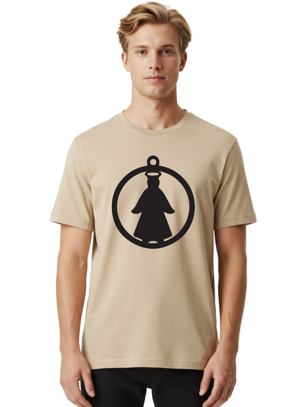 Angel-Pendant Men'S Graphic Tee, 100% Cotton, Comfortable Casual Summer Wear, Machine Washable, Angel Silhouette, Religious Symbol, Divine Presence, Spiritual Icon, Halo, Holy Figure, Religious Art, Sacred Imagery, Faith Symbol Aac474