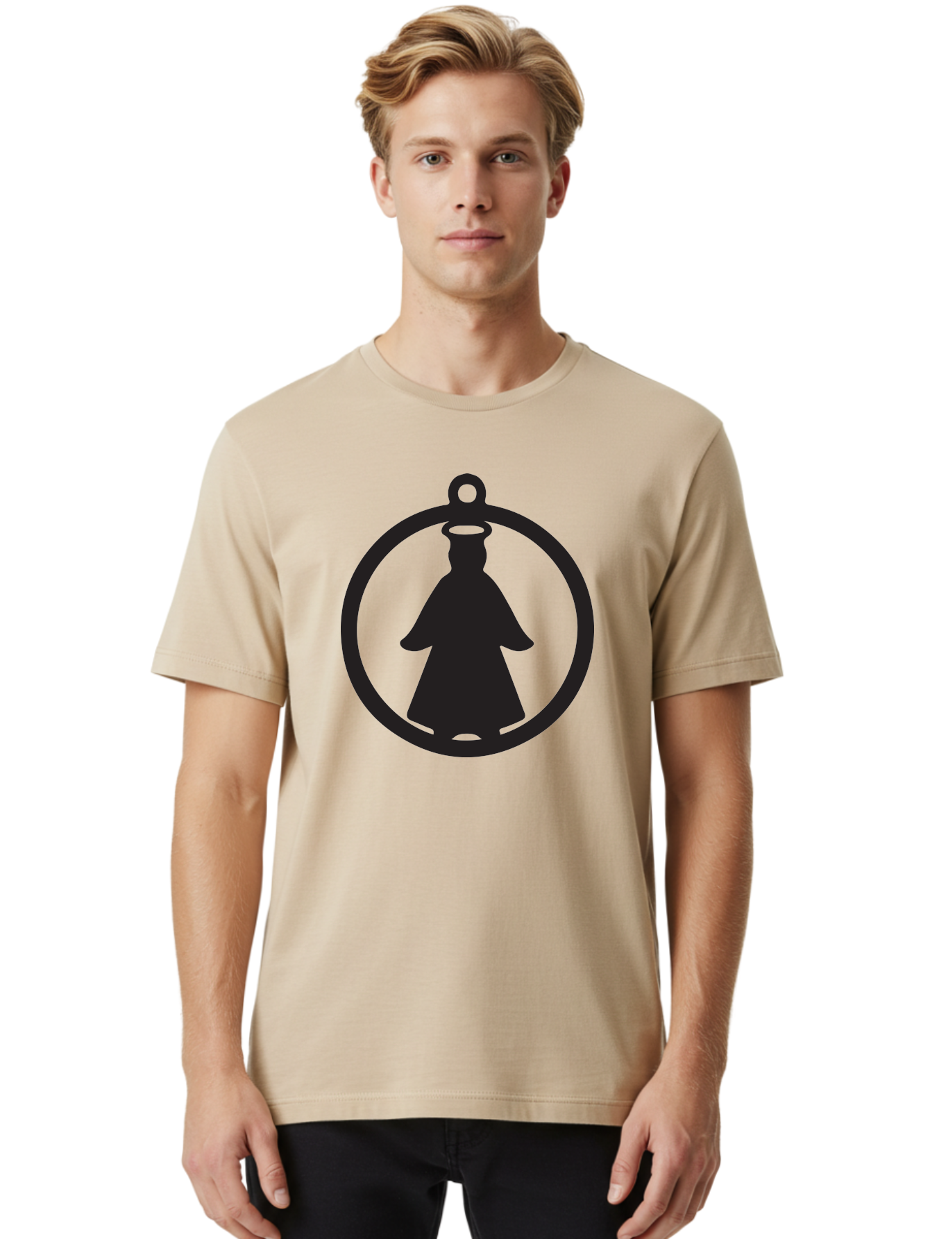 Angel-Pendant Men'S Graphic Tee, 100% Cotton, Comfortable Casual Summer Wear, Machine Washable, Angel Silhouette, Religious Symbol, Divine Presence, Spiritual Icon, Halo, Holy Figure, Religious Art, Sacred Imagery, Faith Symbol Aac474