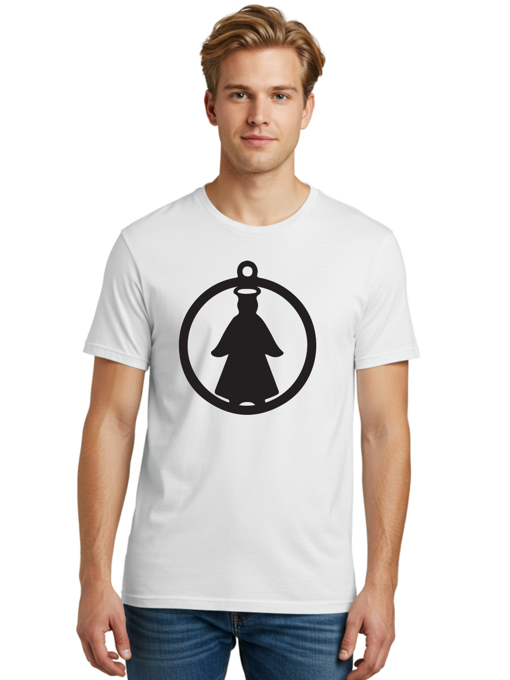 Angel-Pendant Men'S Graphic Tee, 100% Cotton, Comfortable Casual Summer Wear, Machine Washable, Angel Silhouette, Religious Symbol, Divine Presence, Spiritual Icon, Halo, Holy Figure, Religious Art, Sacred Imagery, Faith Symbol Aac474