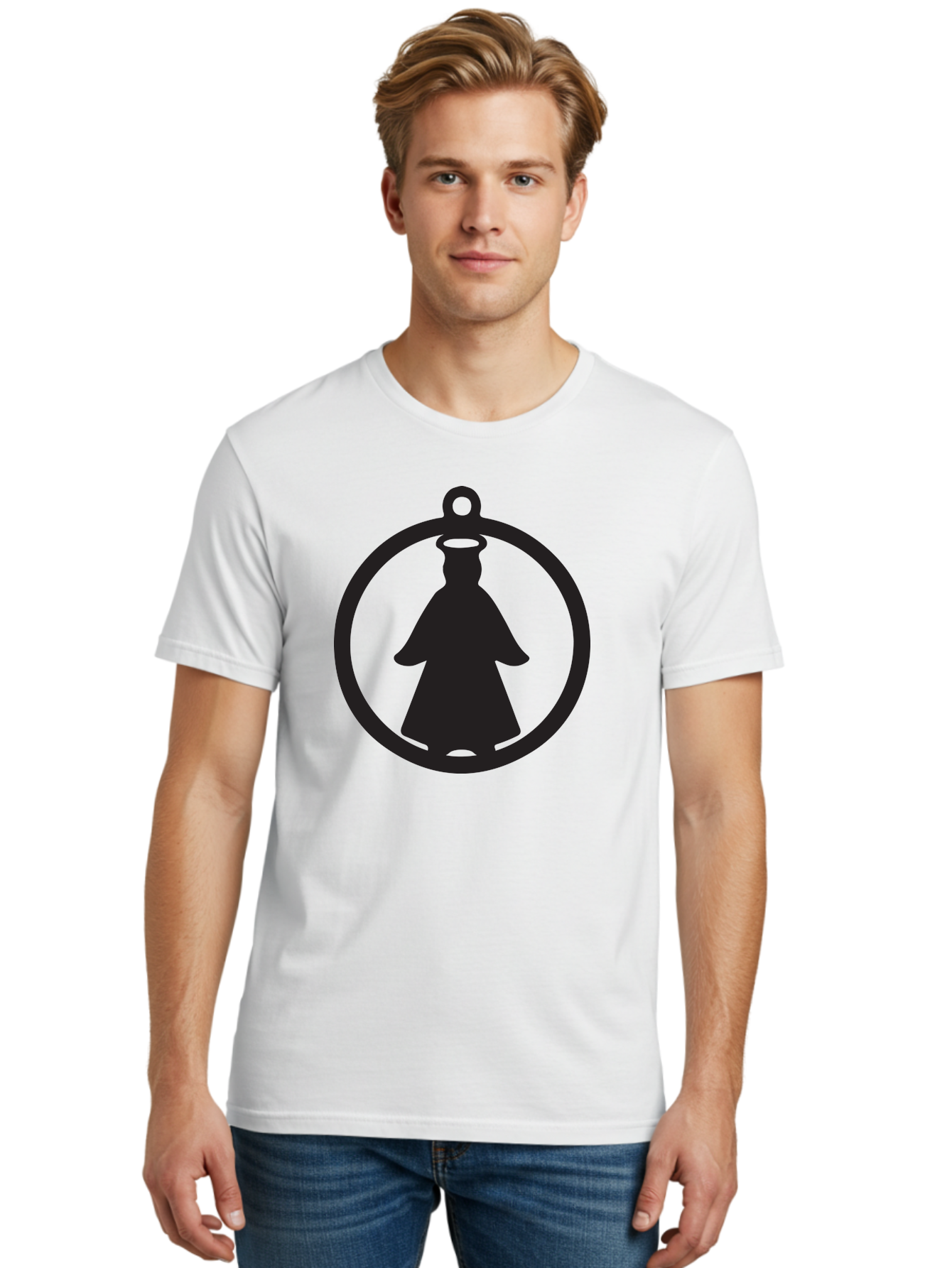 Angel-Pendant Men'S Graphic Tee, 100% Cotton, Comfortable Casual Summer Wear, Machine Washable, Angel Silhouette, Religious Symbol, Divine Presence, Spiritual Icon, Halo, Holy Figure, Religious Art, Sacred Imagery, Faith Symbol Aac474