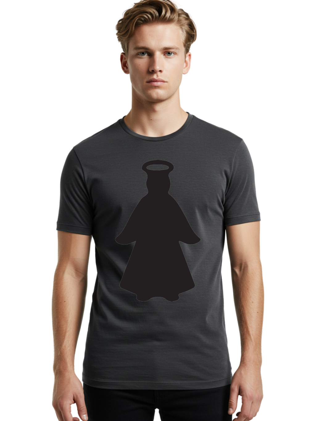 Angel-Silhouette Men'S Graphic Tee, 100% Cotton, Comfortable Casual Summer Wear, Machine Washable, Angel Silhouette, Divine Being, Spiritual Figure, Halo Effect, Faith Symbol, Religious Icon, Sacred Imagery, Guardian Angel, Mystic Character Aac475