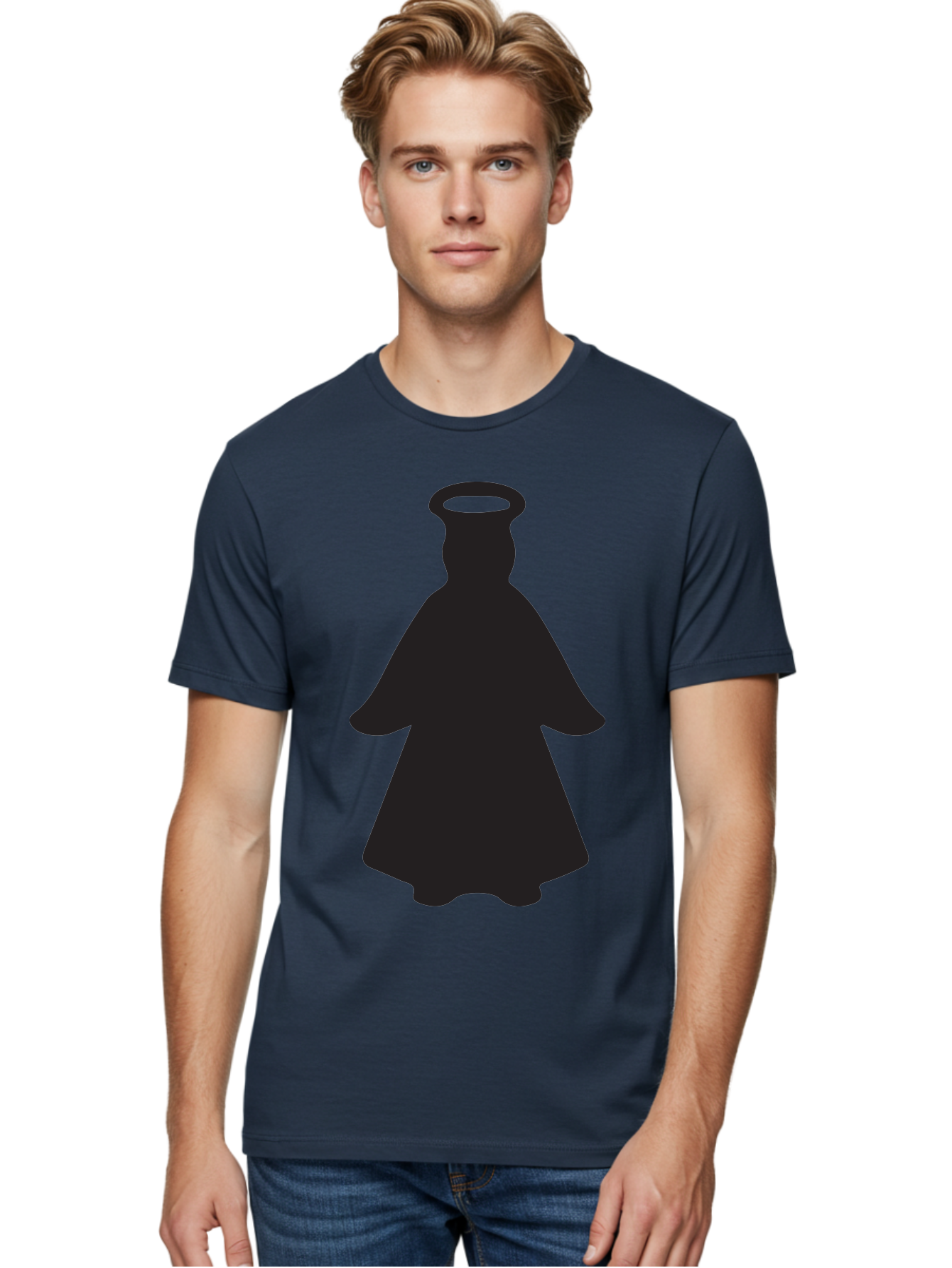 Angel-Silhouette Men'S Graphic Tee, 100% Cotton, Comfortable Casual Summer Wear, Machine Washable, Angel Silhouette, Divine Being, Spiritual Figure, Halo Effect, Faith Symbol, Religious Icon, Sacred Imagery, Guardian Angel, Mystic Character Aac475