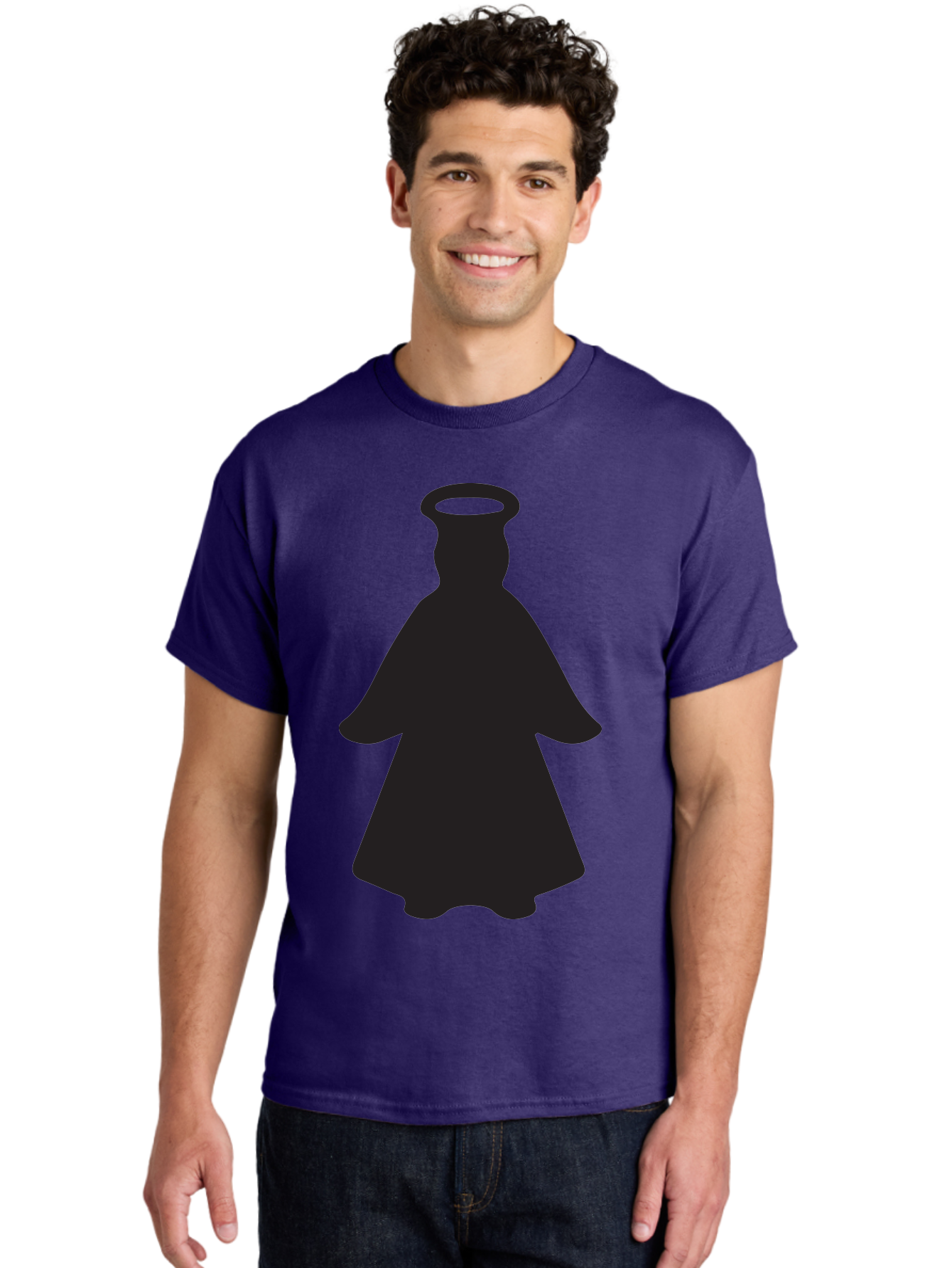 Angel-Silhouette Men'S Graphic Tee, 100% Cotton, Comfortable Casual Summer Wear, Machine Washable, Angel Silhouette, Divine Being, Spiritual Figure, Halo Effect, Faith Symbol, Religious Icon, Sacred Imagery, Guardian Angel, Mystic Character Aac475