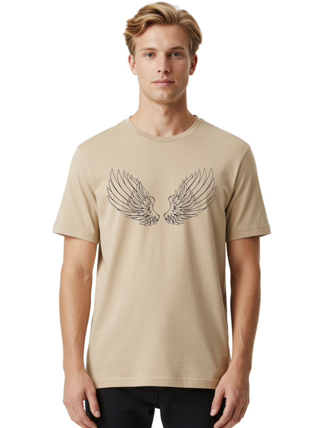 Angel-Wings-2 Men'S Graphic Tee, 100% Cotton, Comfortable Casual Summer Wear, Machine Washable, Angel Wings, Feathered Wings, Black Outline, Wing Design, Spiritual Symbol, Mystical Art, Fantasy Illustration, Winged Creature Aac477
