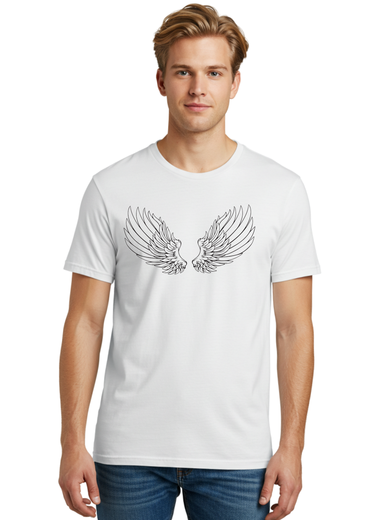 Angel-Wings-2 Men'S Graphic Tee, 100% Cotton, Comfortable Casual Summer Wear, Machine Washable, Angel Wings, Feathered Wings, Black Outline, Wing Design, Spiritual Symbol, Mystical Art, Fantasy Illustration, Winged Creature Aac477