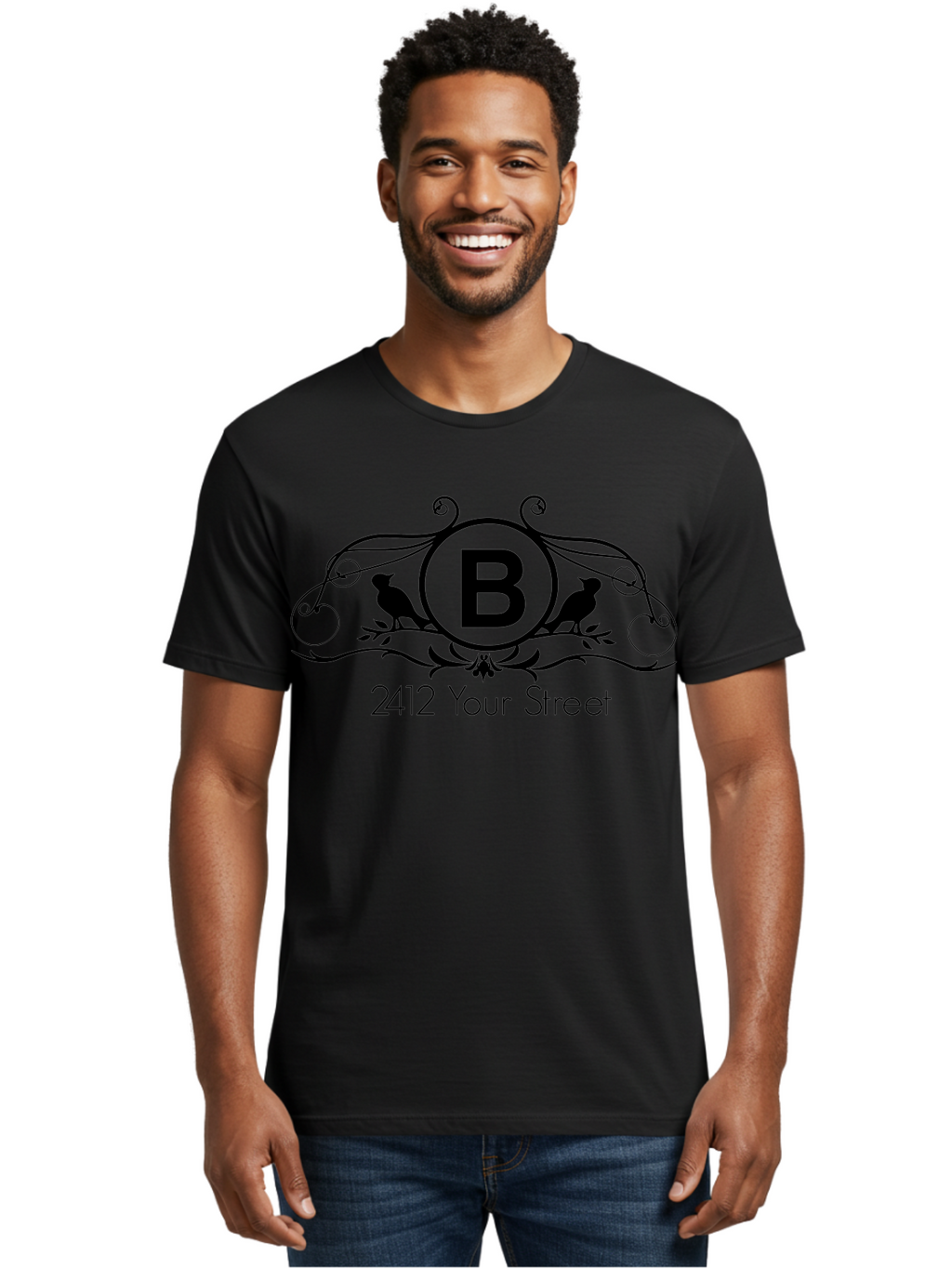 B-2412-Your-Street Men'S Graphic Tee, 100% Cotton, Comfortable Casual Summer Wear, Machine Washable, Vintage Logo, Stylized Letter B, Birds On Branches, Ornate Design, Classic Typography, Address Label, Elegant Branding, Custom Illustration Aac481
