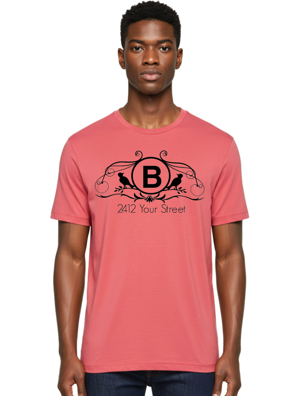 B-2412-Your-Street Men'S Graphic Tee, 100% Cotton, Comfortable Casual Summer Wear, Machine Washable, Vintage Logo, Stylized Letter B, Birds On Branches, Ornate Design, Classic Typography, Address Label, Elegant Branding, Custom Illustration Aac481