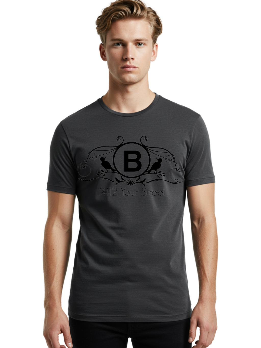 B-2412-Your-Street Men'S Graphic Tee, 100% Cotton, Comfortable Casual Summer Wear, Machine Washable, Vintage Logo, Stylized Letter B, Birds On Branches, Ornate Design, Classic Typography, Address Label, Elegant Branding, Custom Illustration Aac481