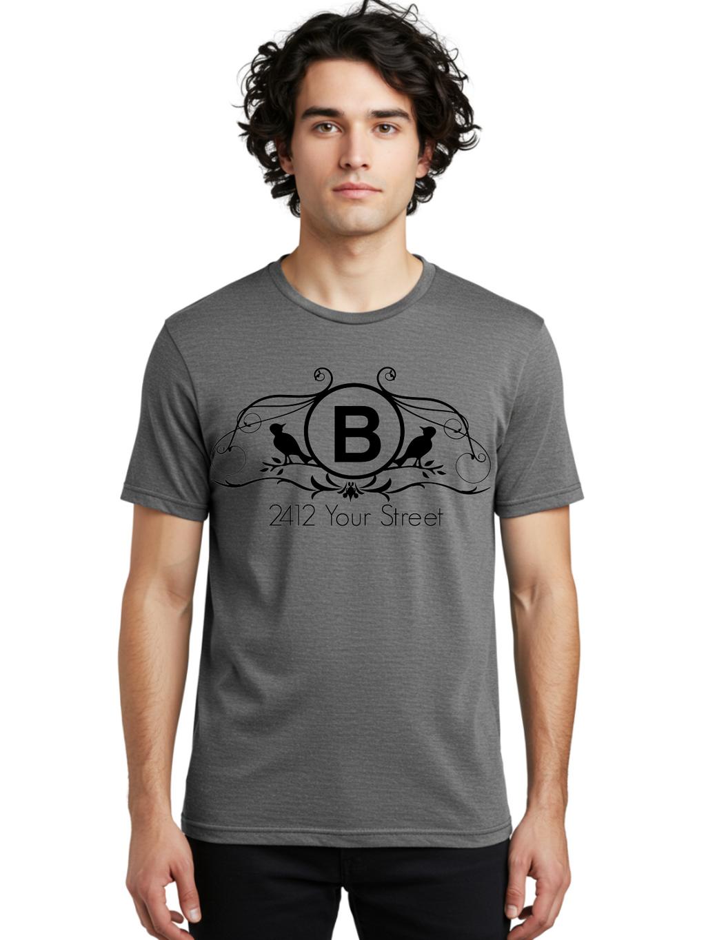 B-2412-Your-Street Men'S Graphic Tee, 100% Cotton, Comfortable Casual Summer Wear, Machine Washable, Vintage Logo, Stylized Letter B, Birds On Branches, Ornate Design, Classic Typography, Address Label, Elegant Branding, Custom Illustration Aac481