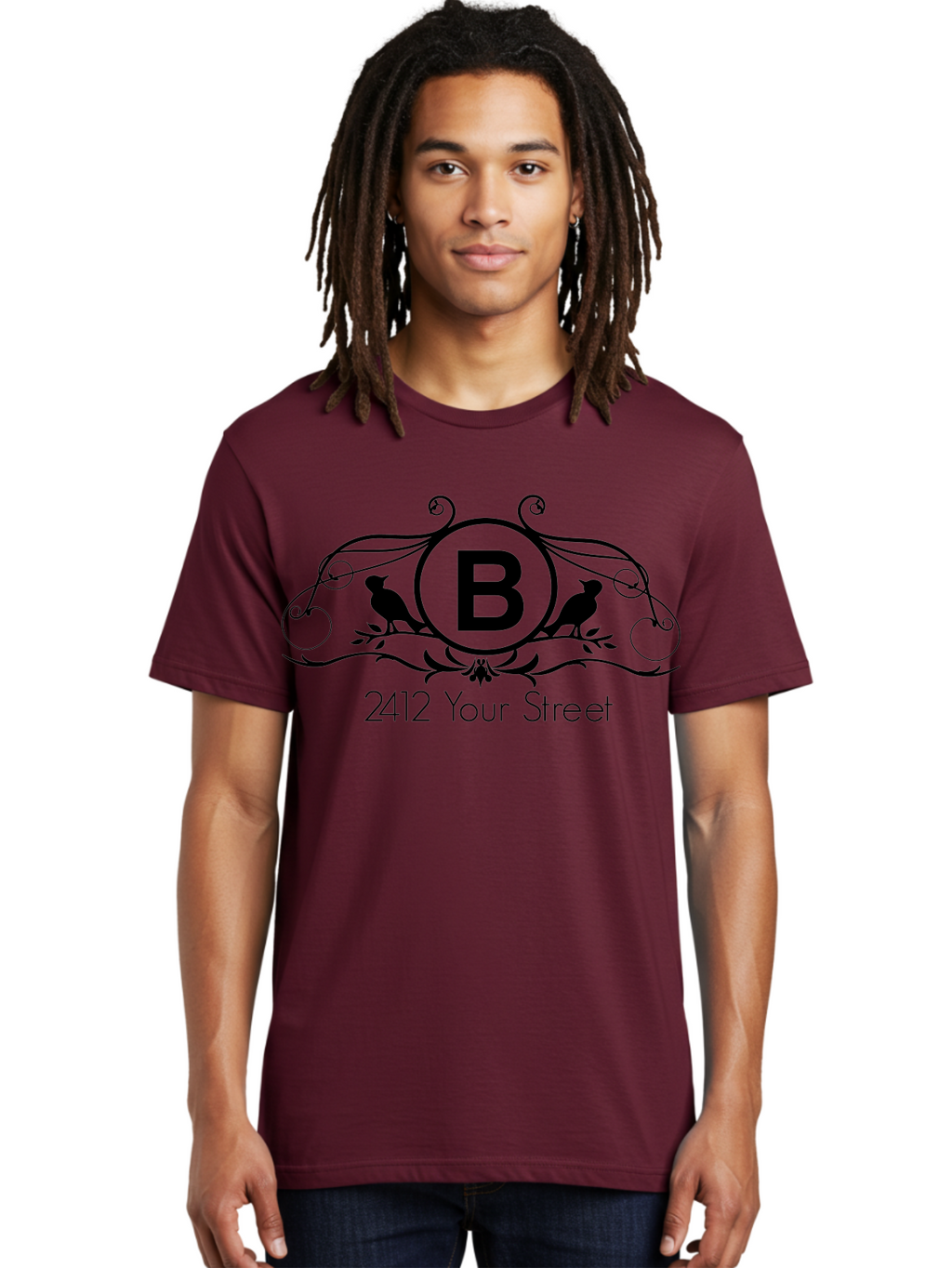 B-2412-Your-Street Men'S Graphic Tee, 100% Cotton, Comfortable Casual Summer Wear, Machine Washable, Vintage Logo, Stylized Letter B, Birds On Branches, Ornate Design, Classic Typography, Address Label, Elegant Branding, Custom Illustration Aac481