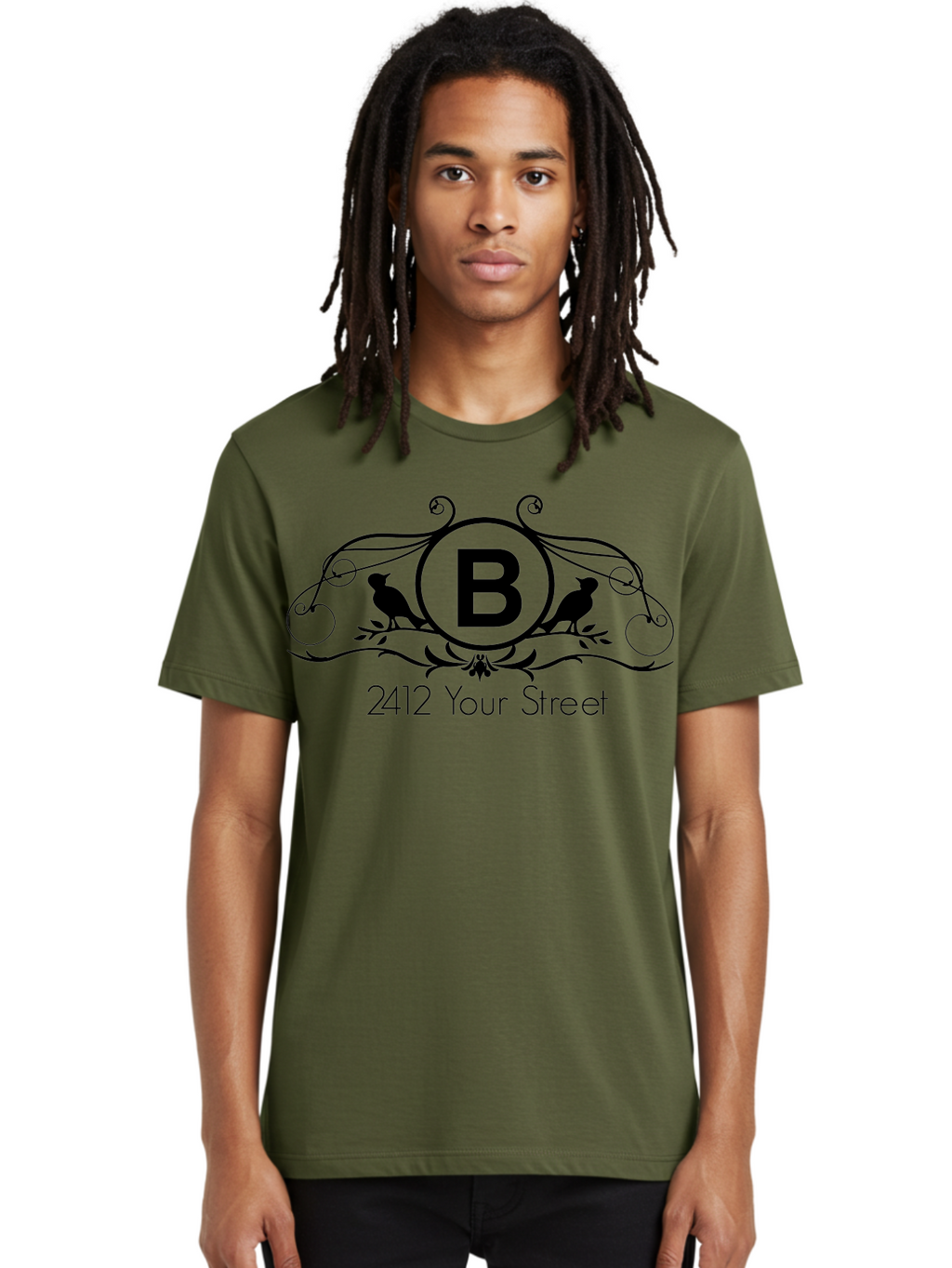 B-2412-Your-Street Men'S Graphic Tee, 100% Cotton, Comfortable Casual Summer Wear, Machine Washable, Vintage Logo, Stylized Letter B, Birds On Branches, Ornate Design, Classic Typography, Address Label, Elegant Branding, Custom Illustration Aac481