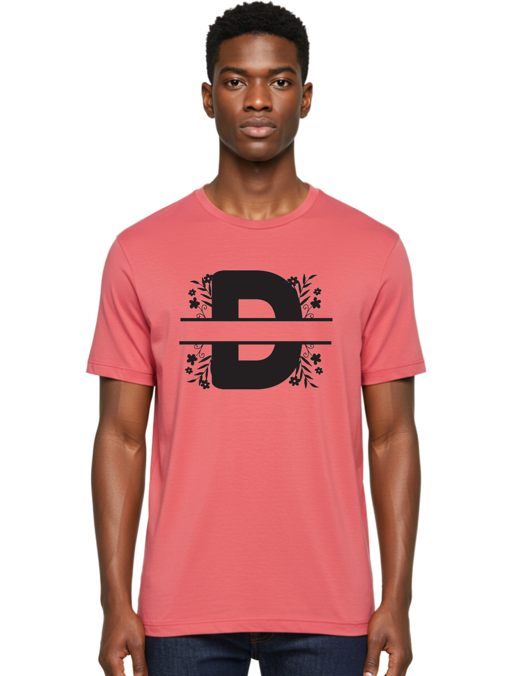 B-B-Floral-Design Men'S Graphic Tee, 100% Cotton, Comfortable Casual Summer Wear, Machine Washable, Letter B, Floral Design, Decorative Elements, Floral Patterns, Ornate Details, Black And Green, Bold Typography, Flower Motifs, Aac482